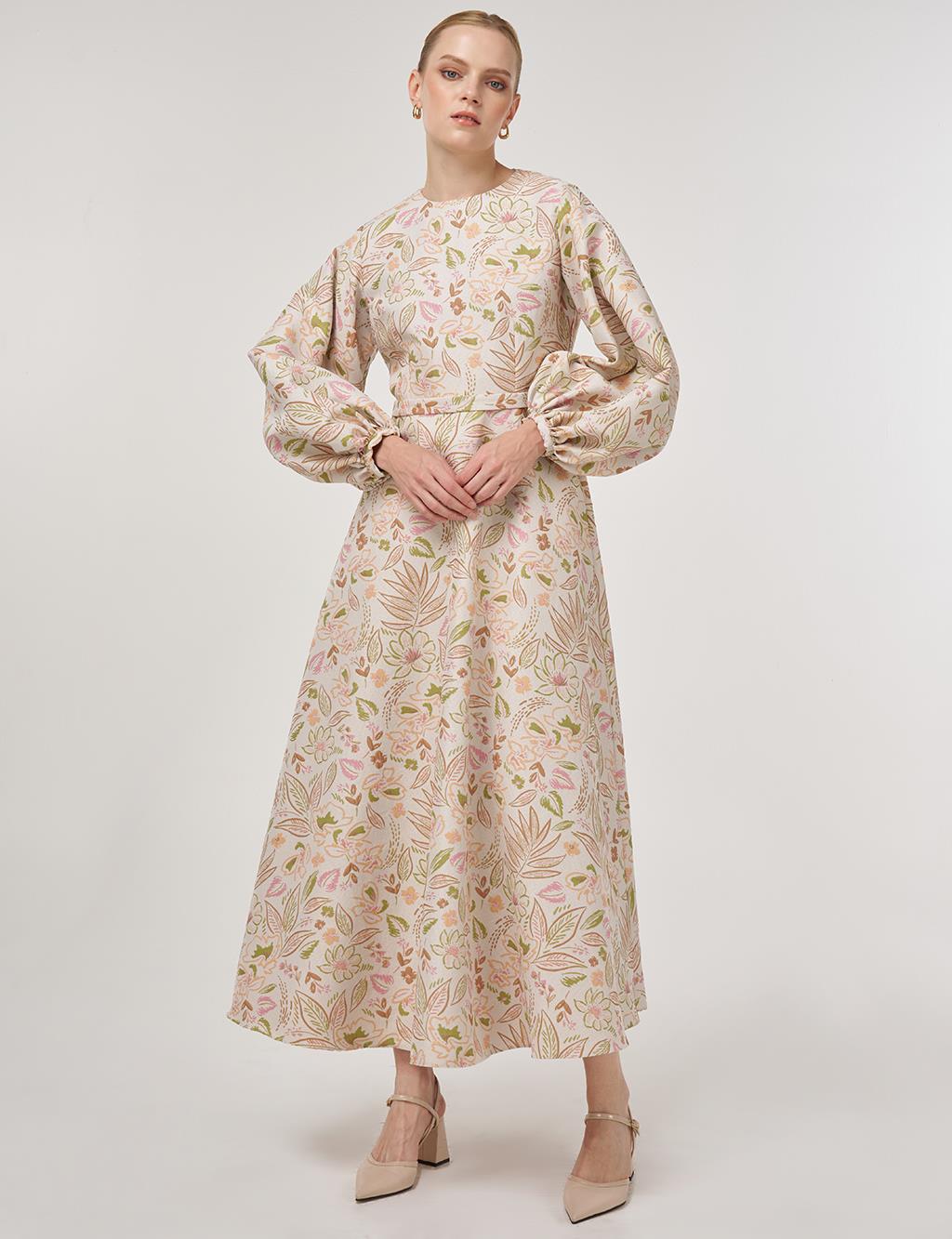 Balloon Sleeve Jacquard Dress Pistachio Green