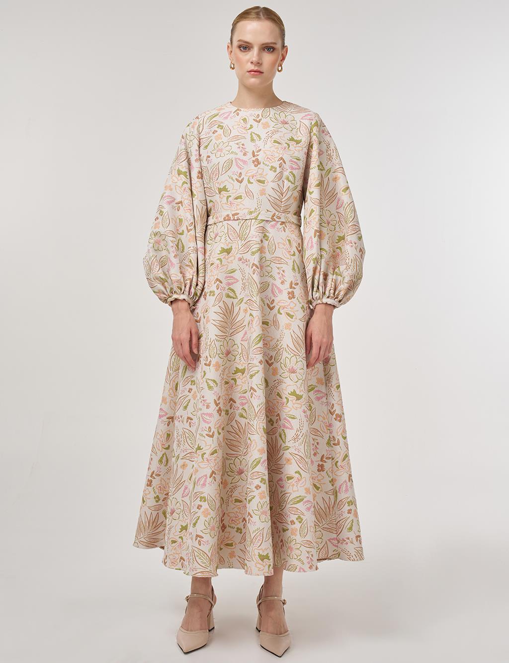 Balloon Sleeve Jacquard Dress Pistachio Green