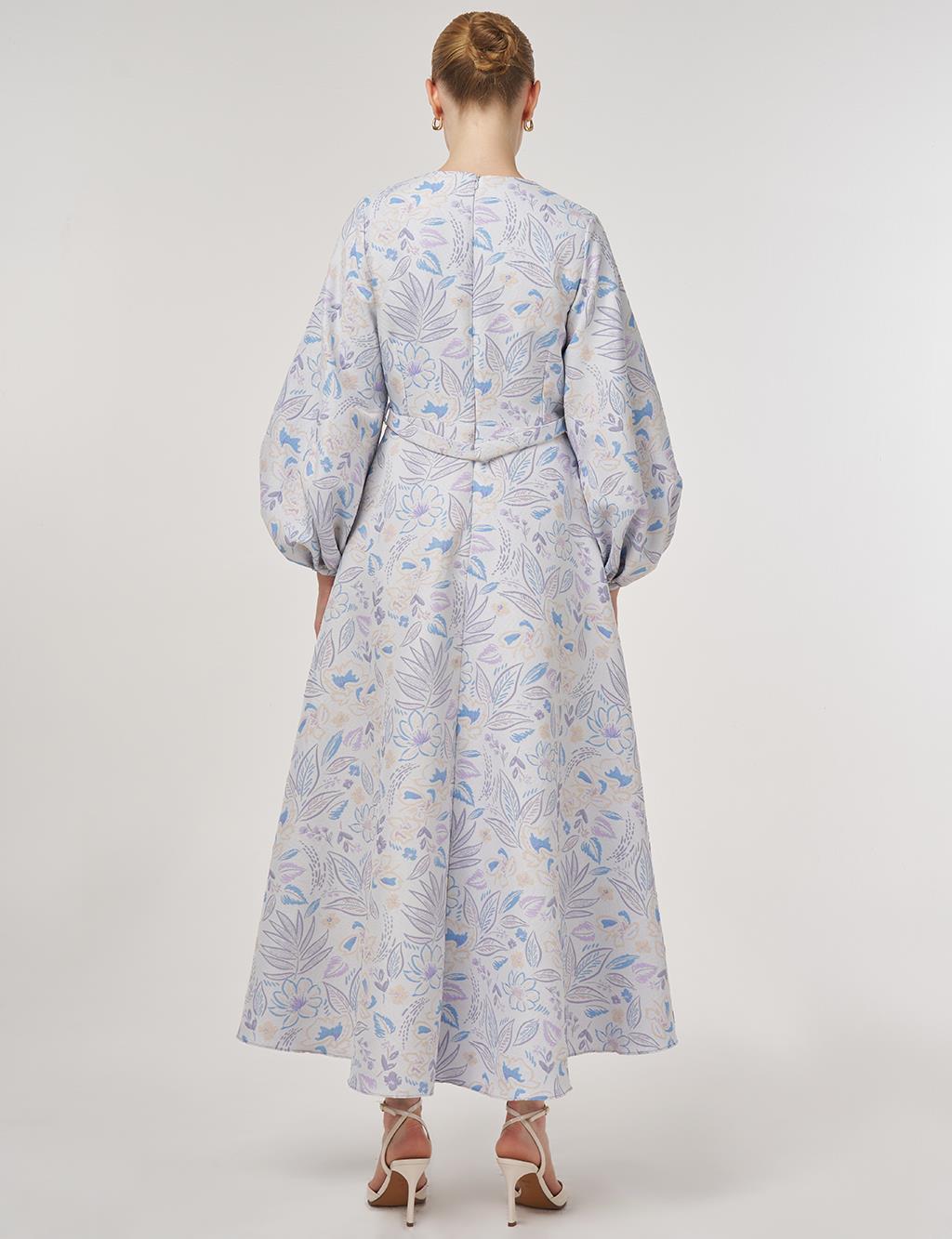 Balloon Sleeve Jacquard Dress Air Force Blue