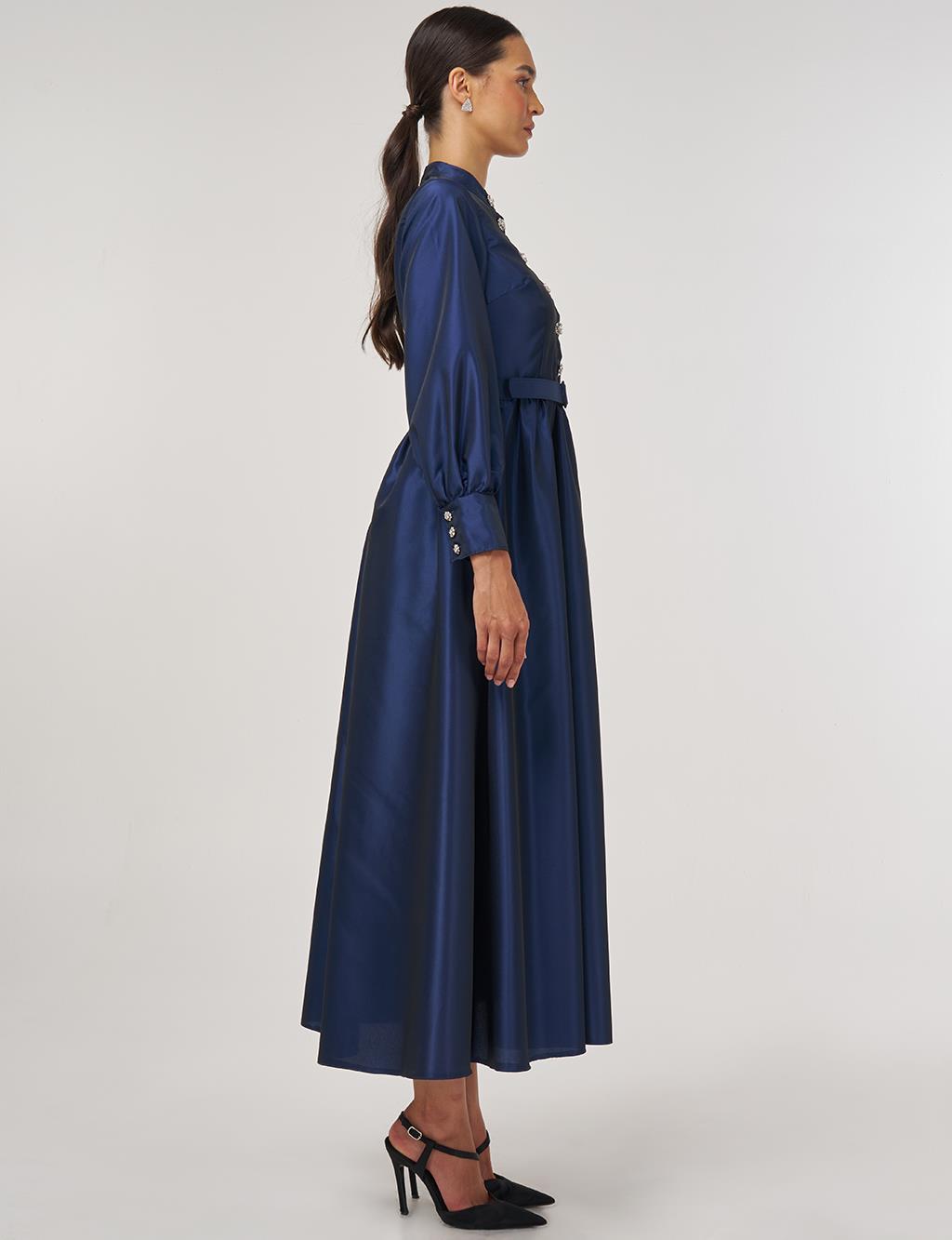Belted Taffeta Dress Navy 
