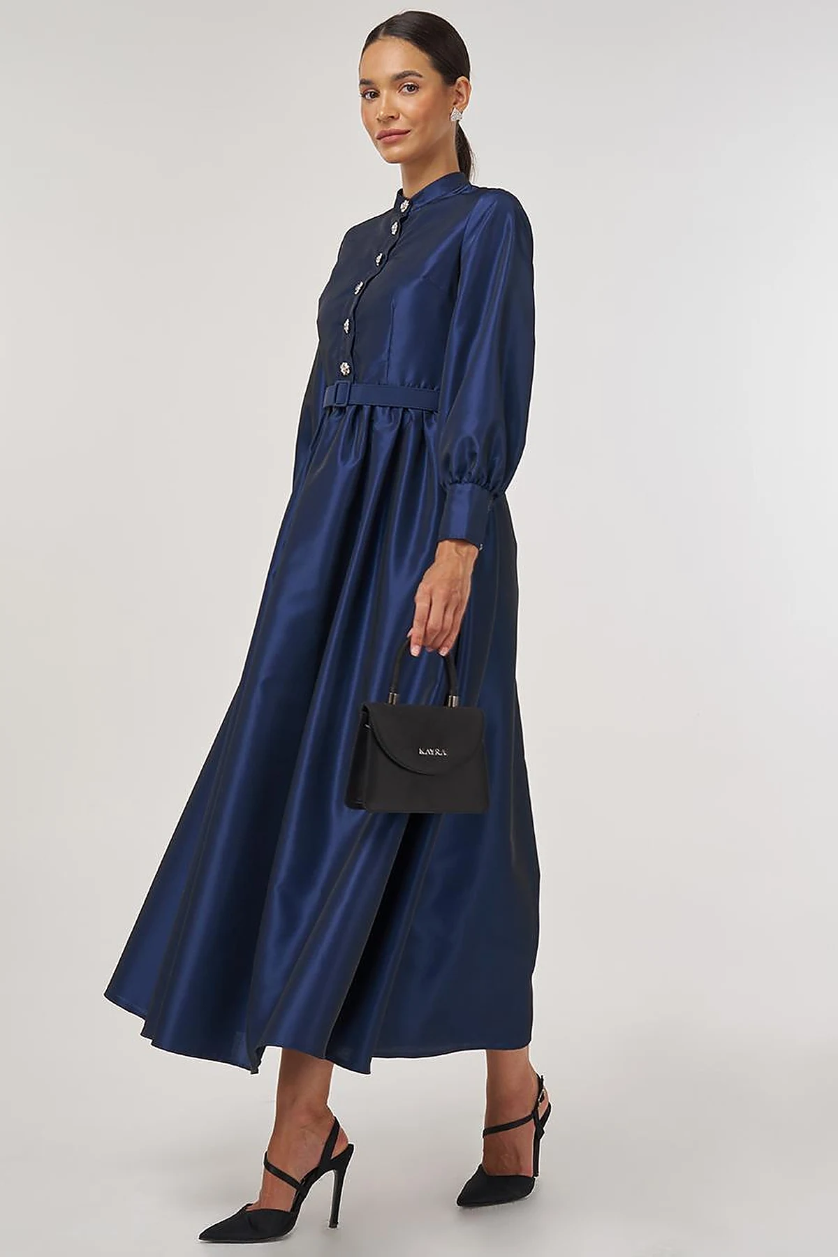 Belted Taffeta Dress Navy 