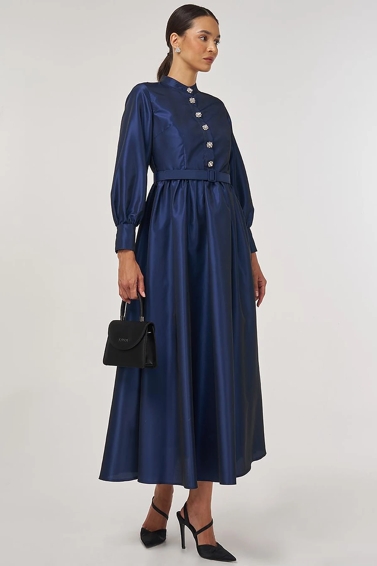 Belted Taffeta Dress Navy 
