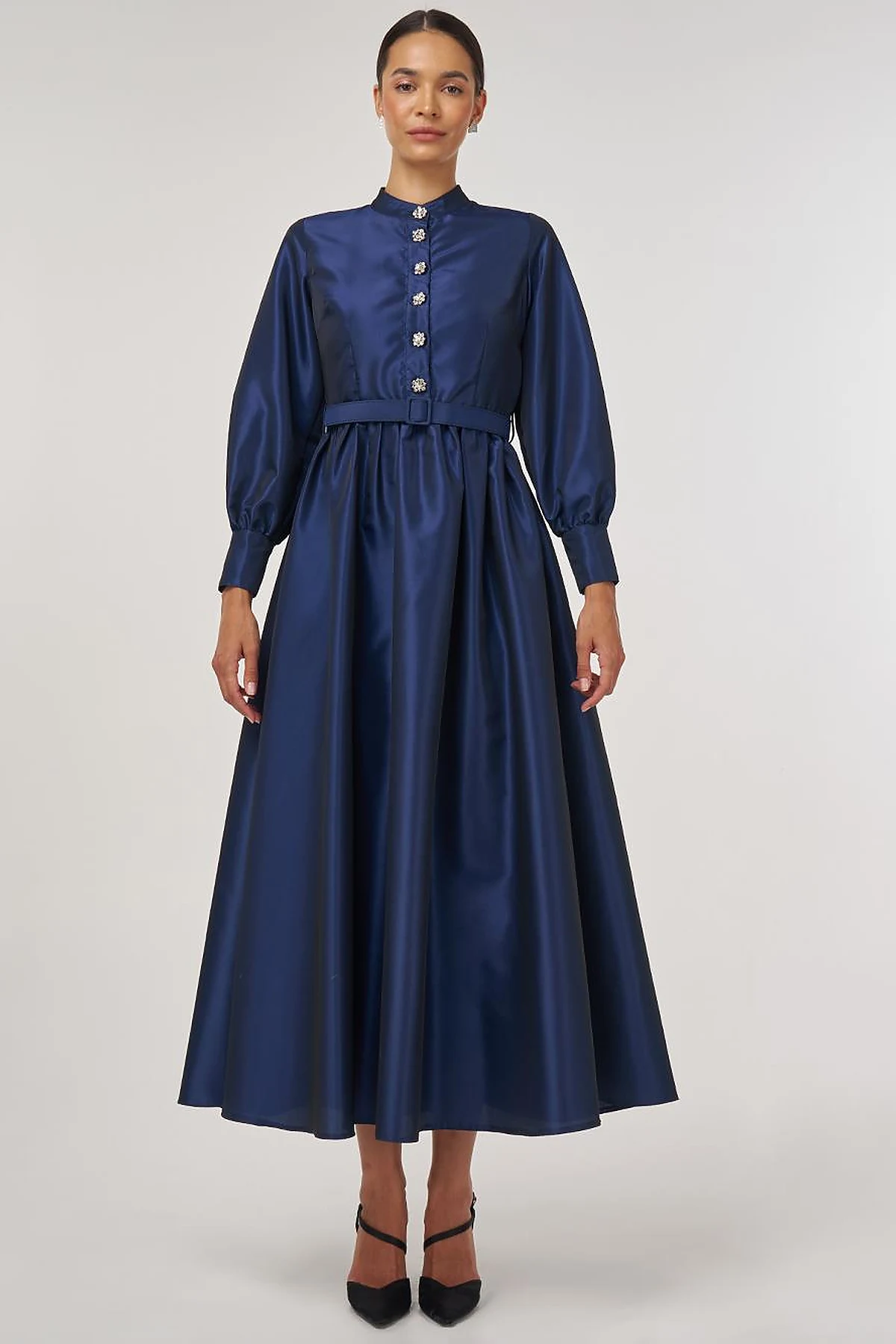 Belted Taffeta Dress Navy 