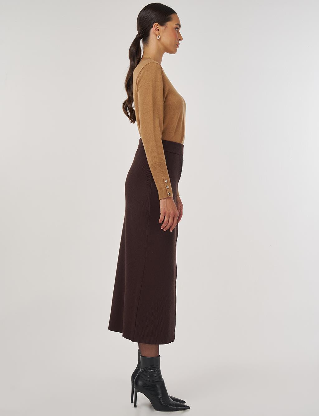 Zipper Detailed Viscose Knit Skirt Dark Brown