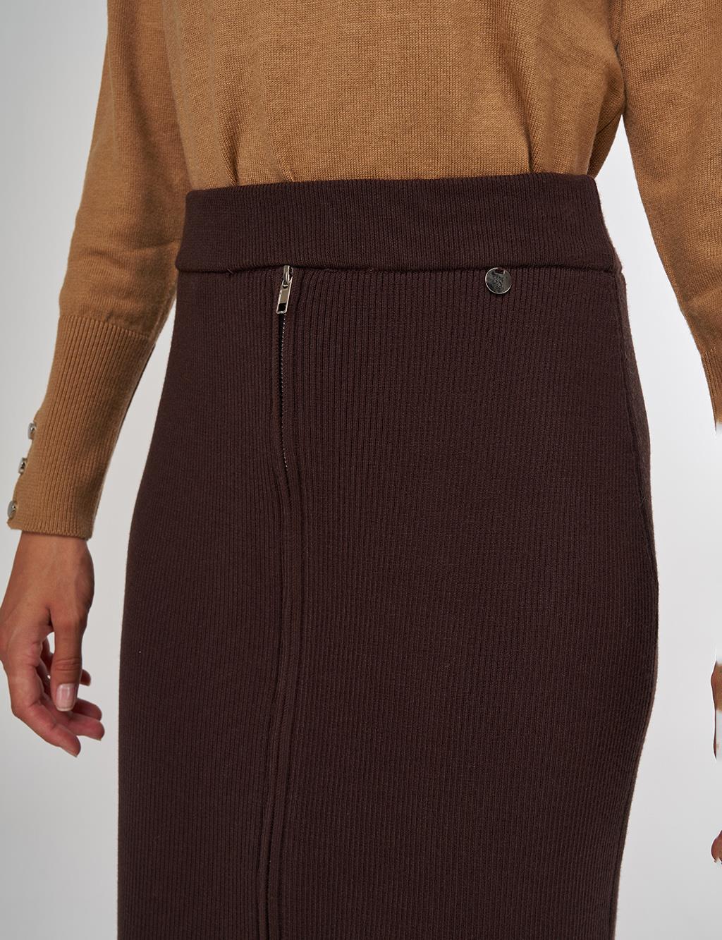 Zipper Detailed Viscose Knit Skirt Dark Brown