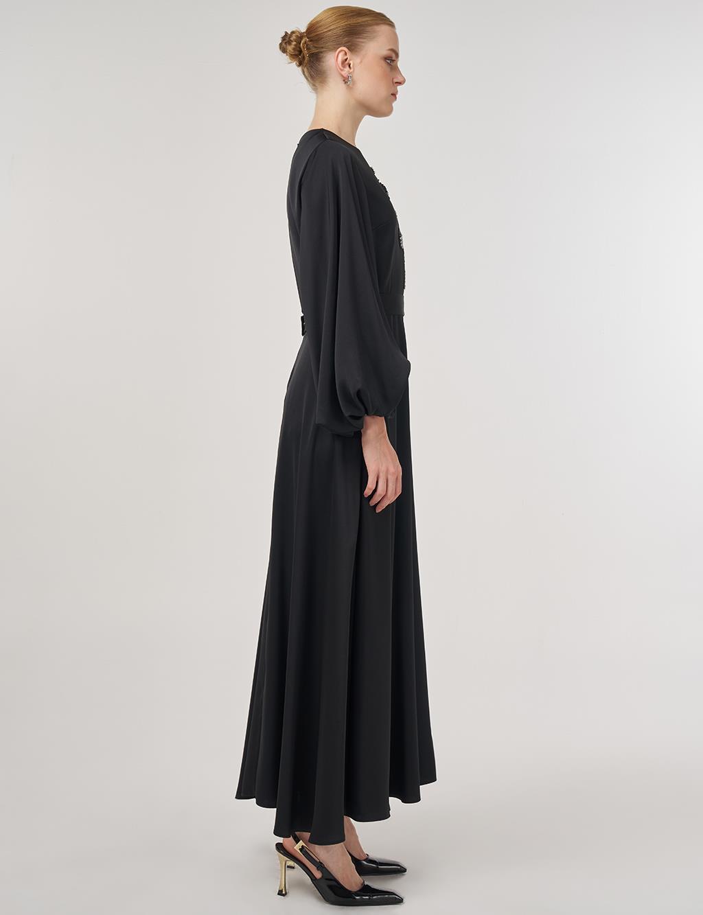 Sequin Embroidered Satin Dress Black 