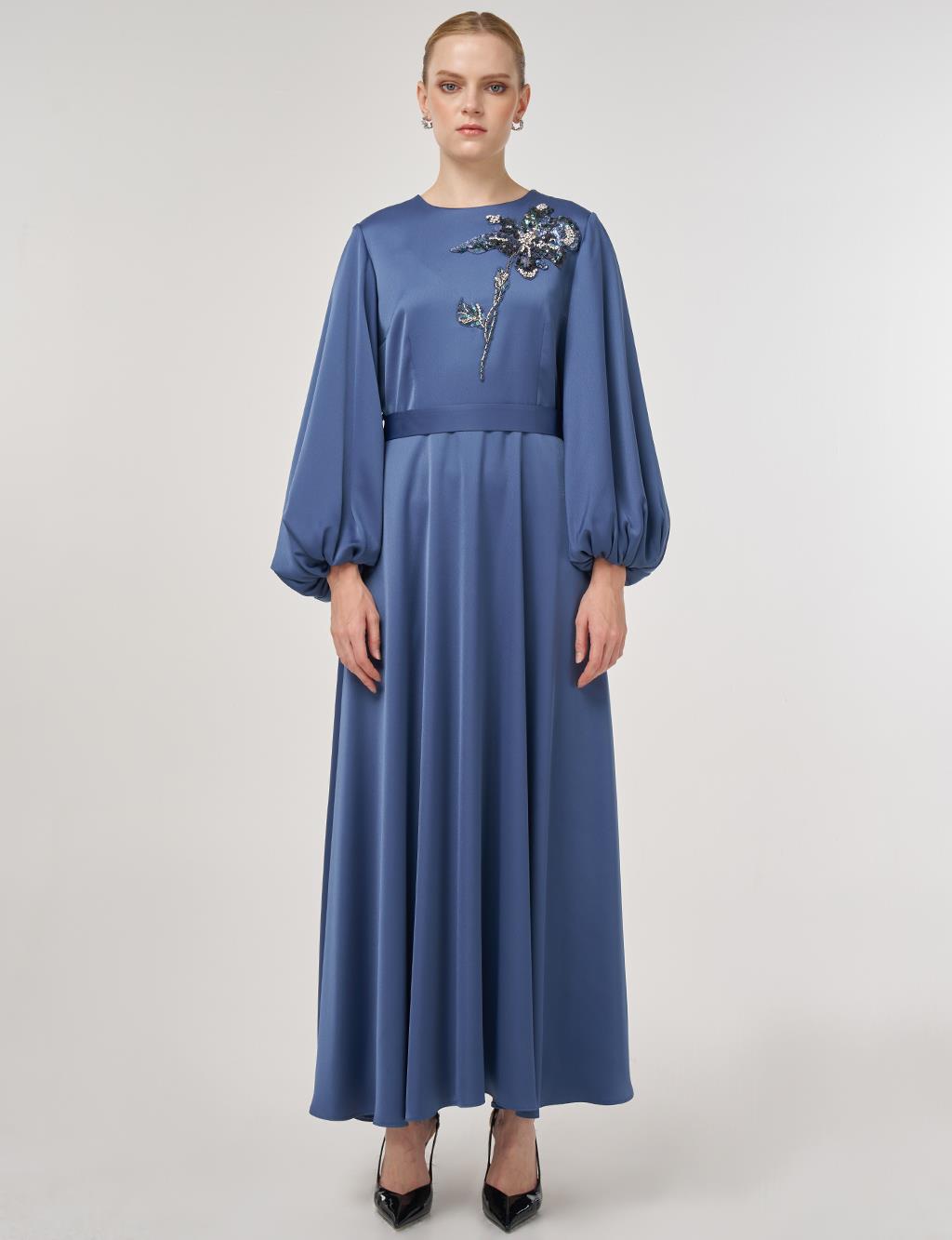 Sequin Embroidered Satin Dress Indigo