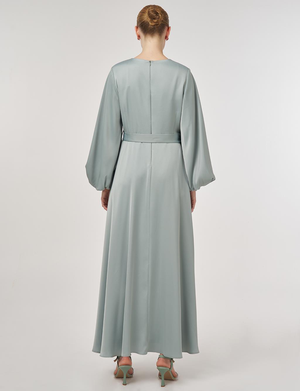 Sequin Embroidered Satin Dress Ice Green