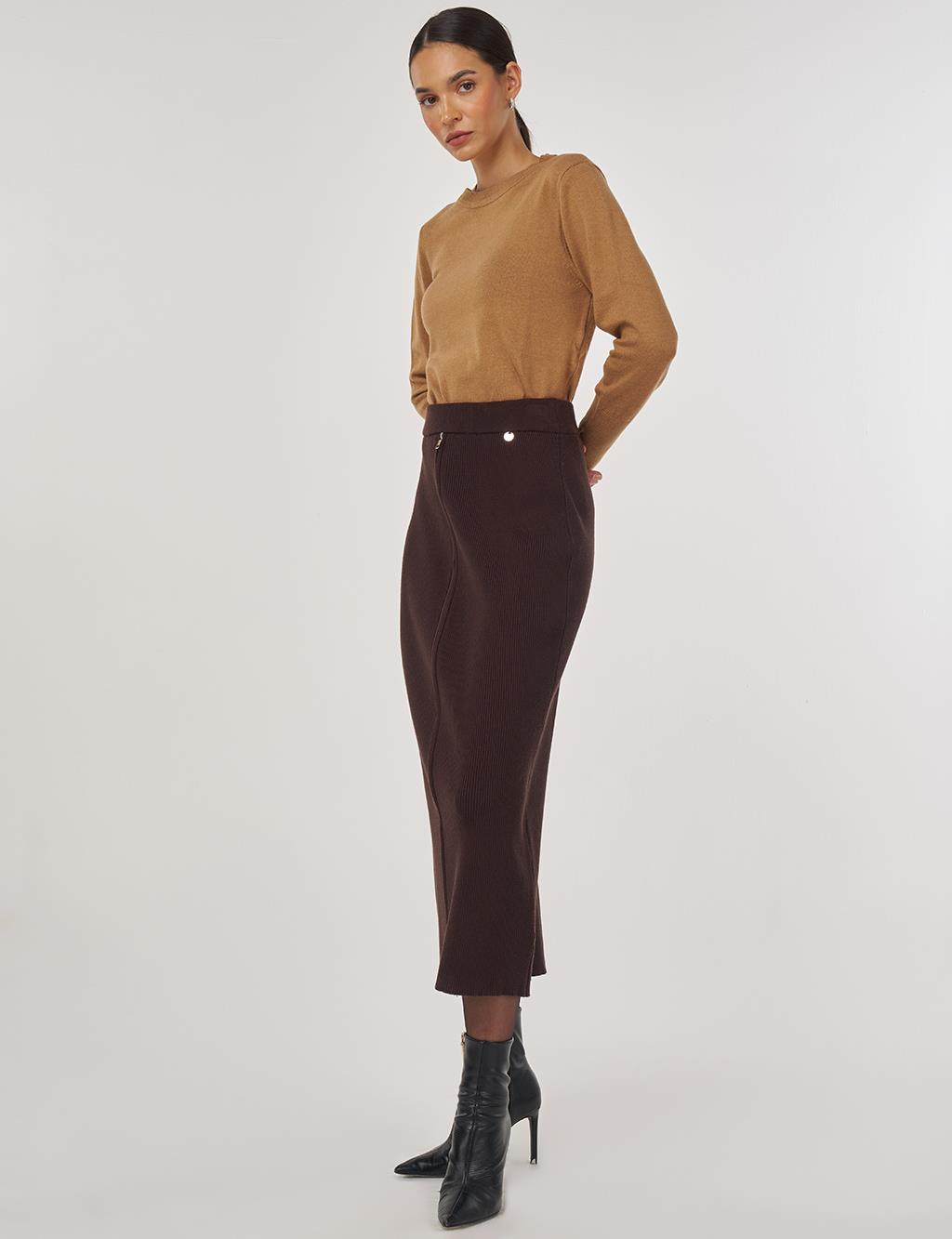 Zipper Detailed Viscose Knit Skirt Dark Brown