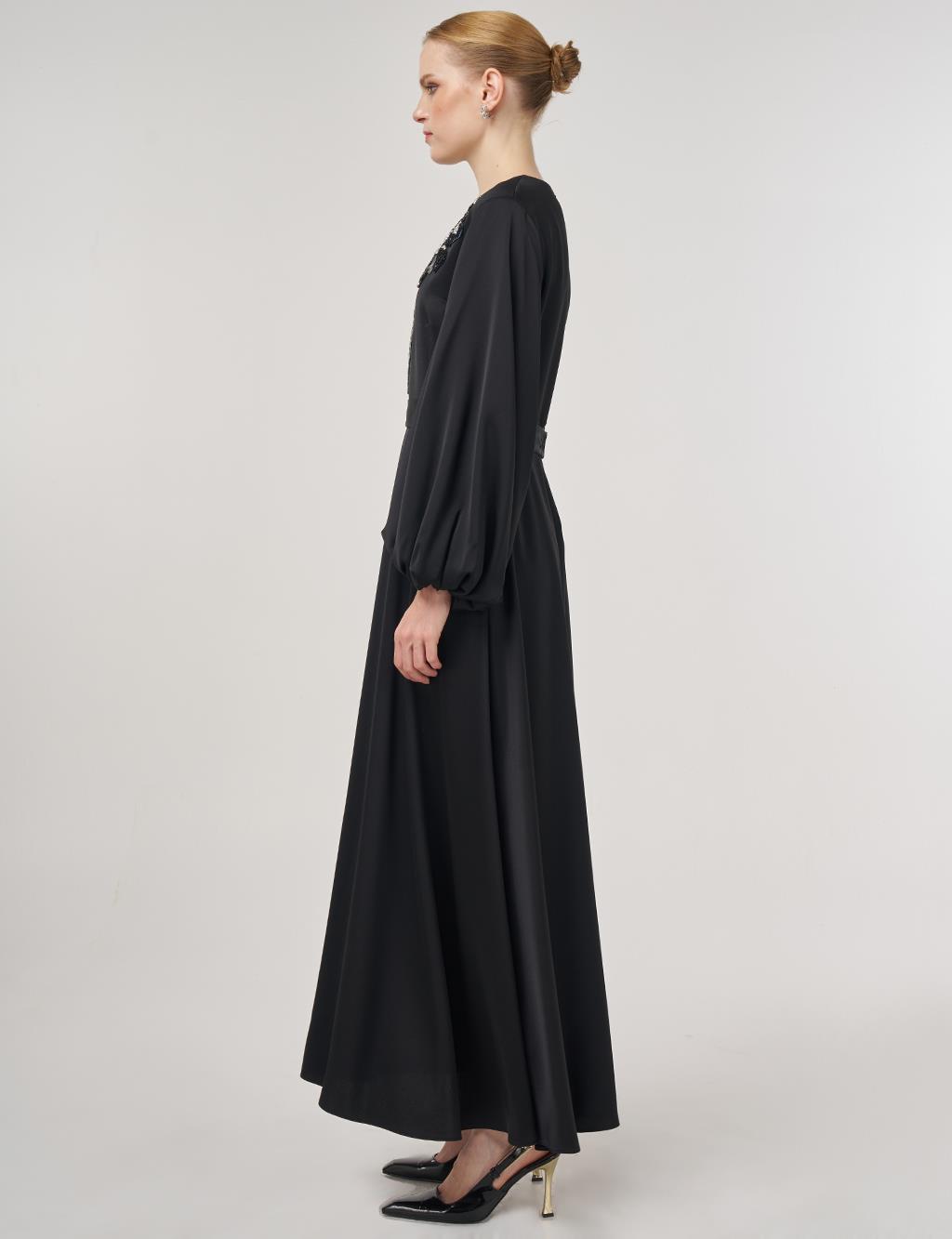 Sequin Embroidered Satin Dress Black 
