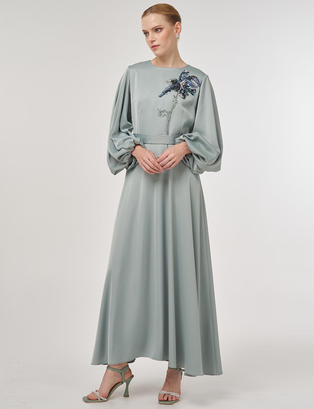 Sequin Embroidered Satin Dress Ice Green