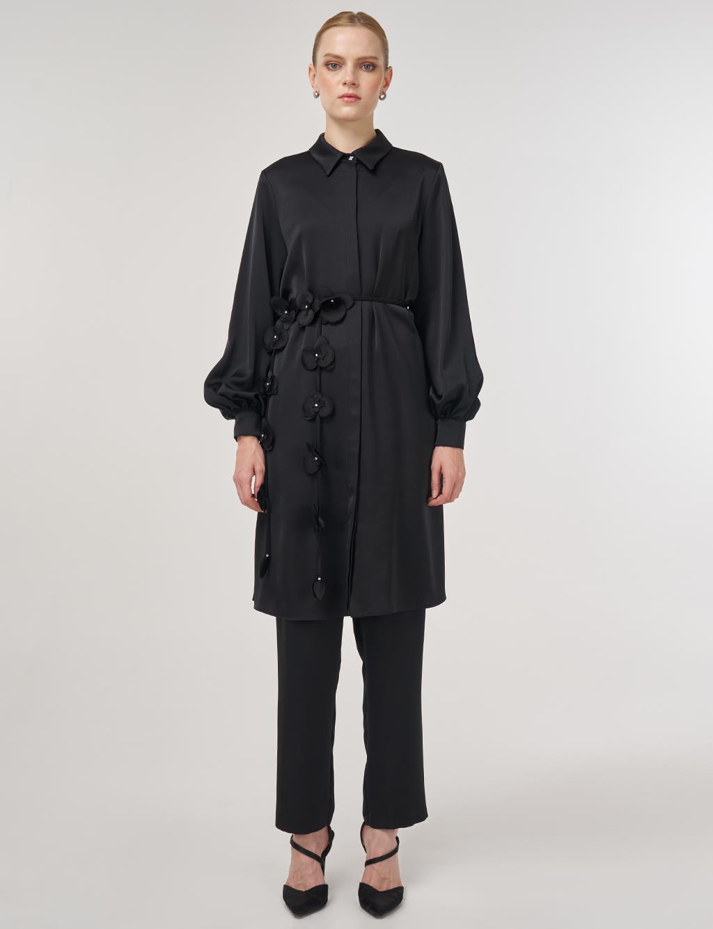 Floral-Embellished Elegant Tunic Black