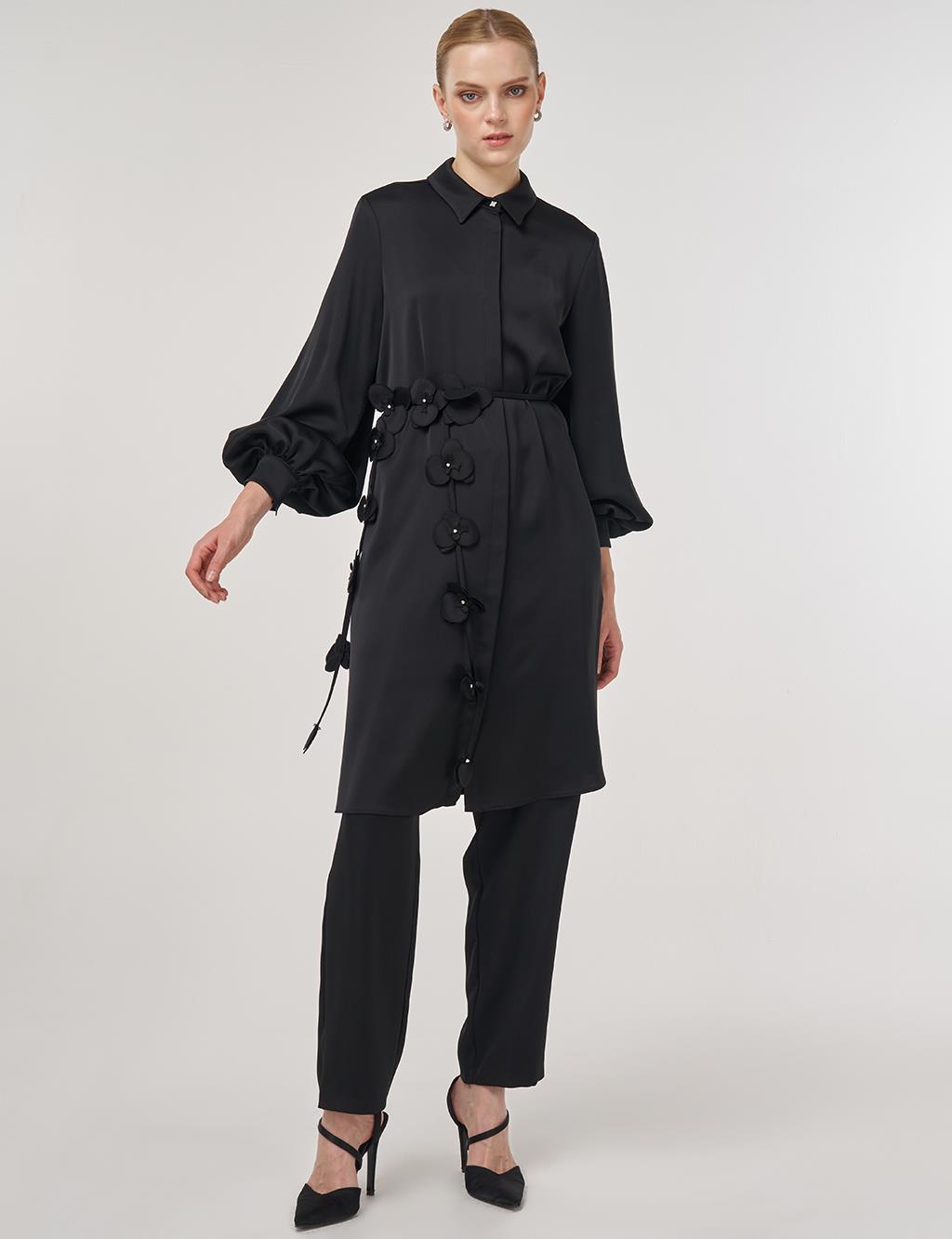 Floral-Embellished Elegant Tunic Black