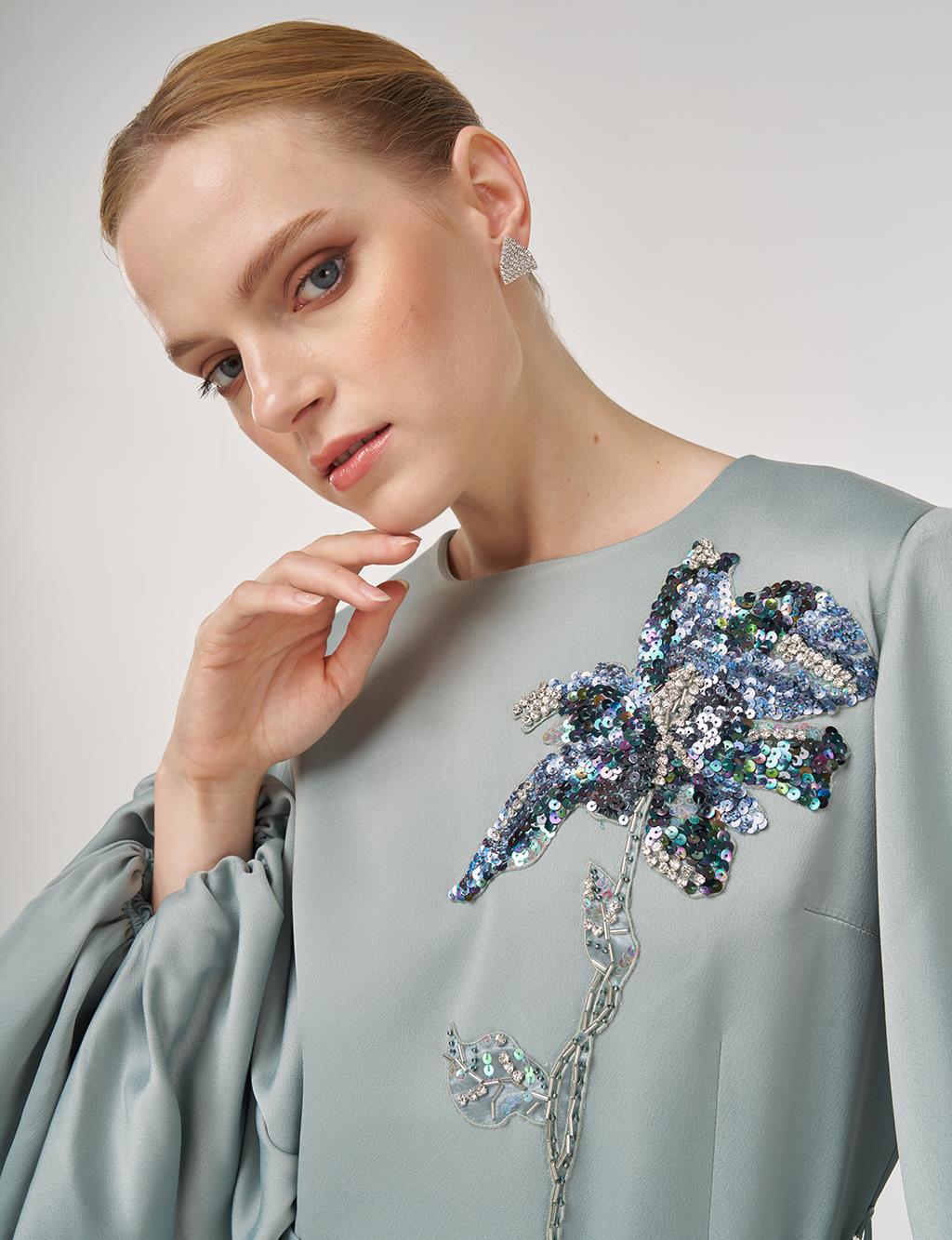 Sequin Embroidered Satin Dress Ice Green