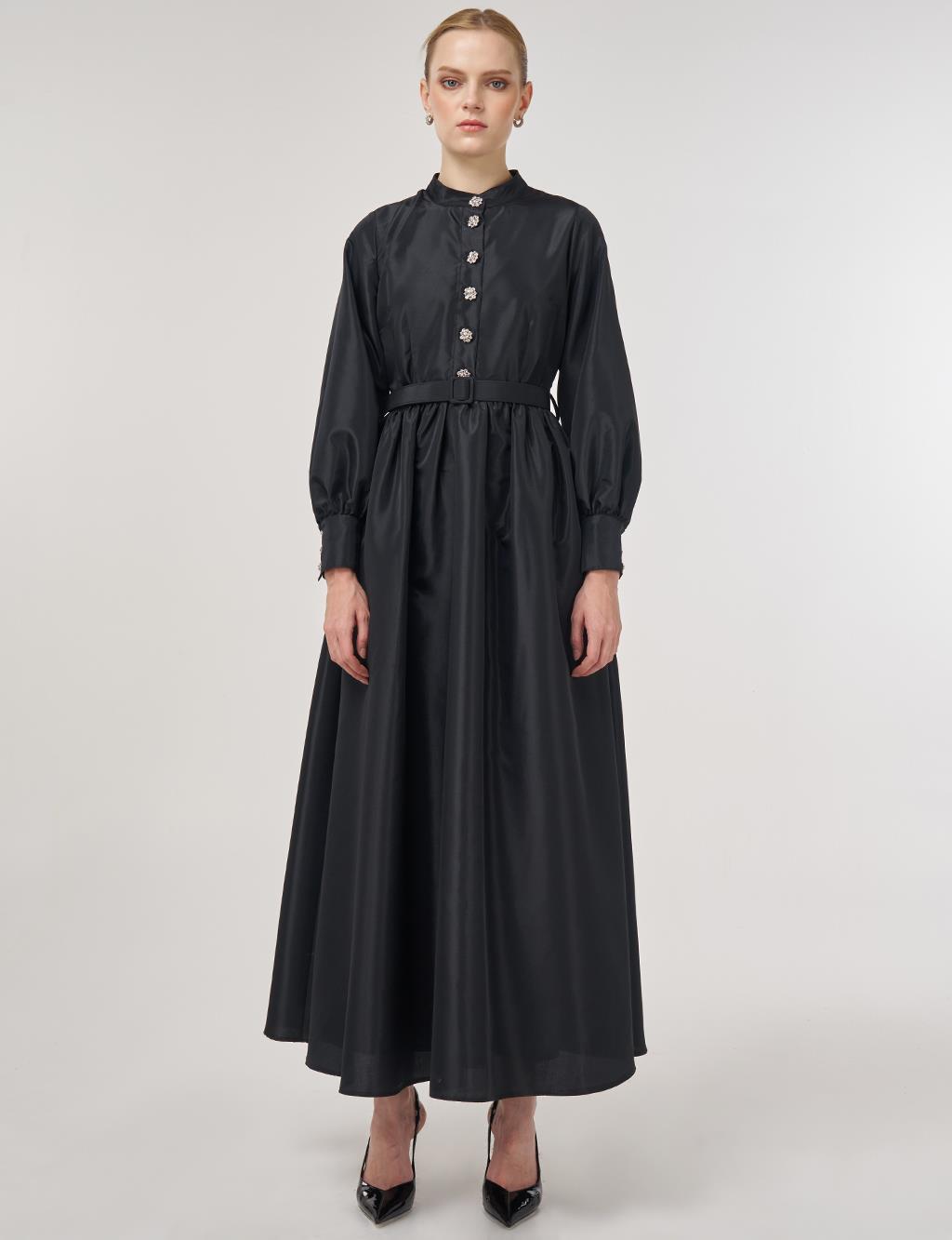 Belted Taffeta Dress Black