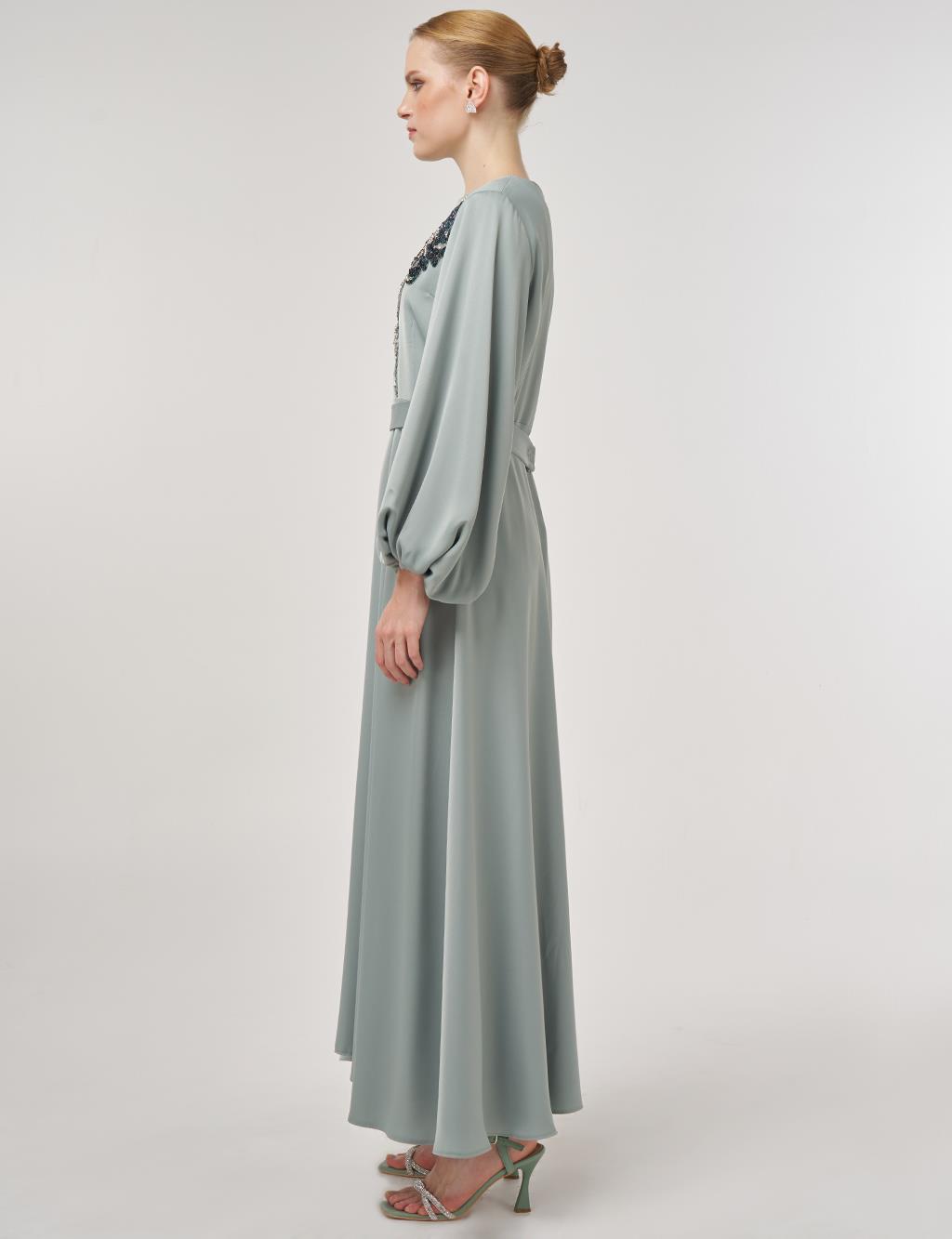 Sequin Embroidered Satin Dress Ice Green