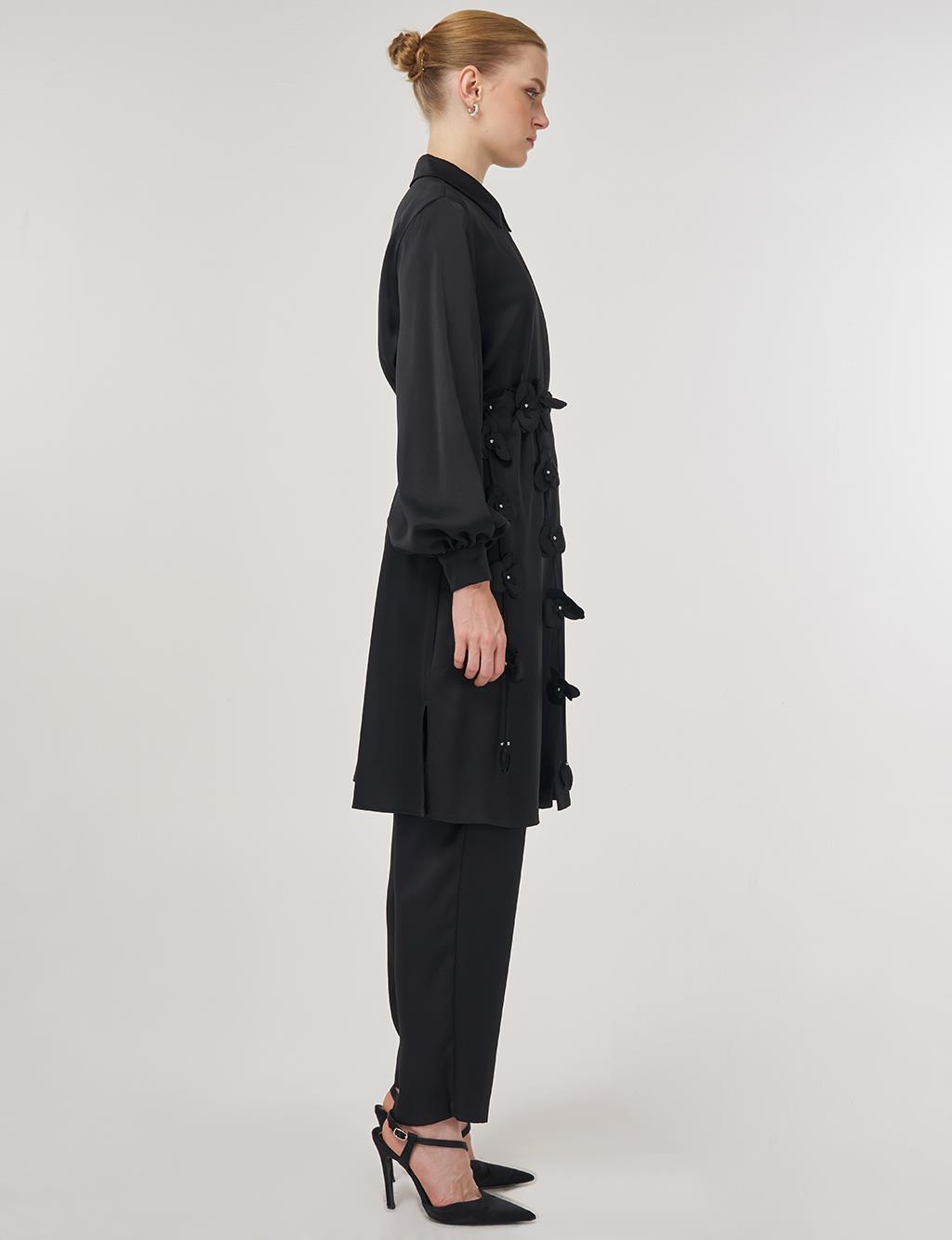Floral-Embellished Elegant Tunic Black