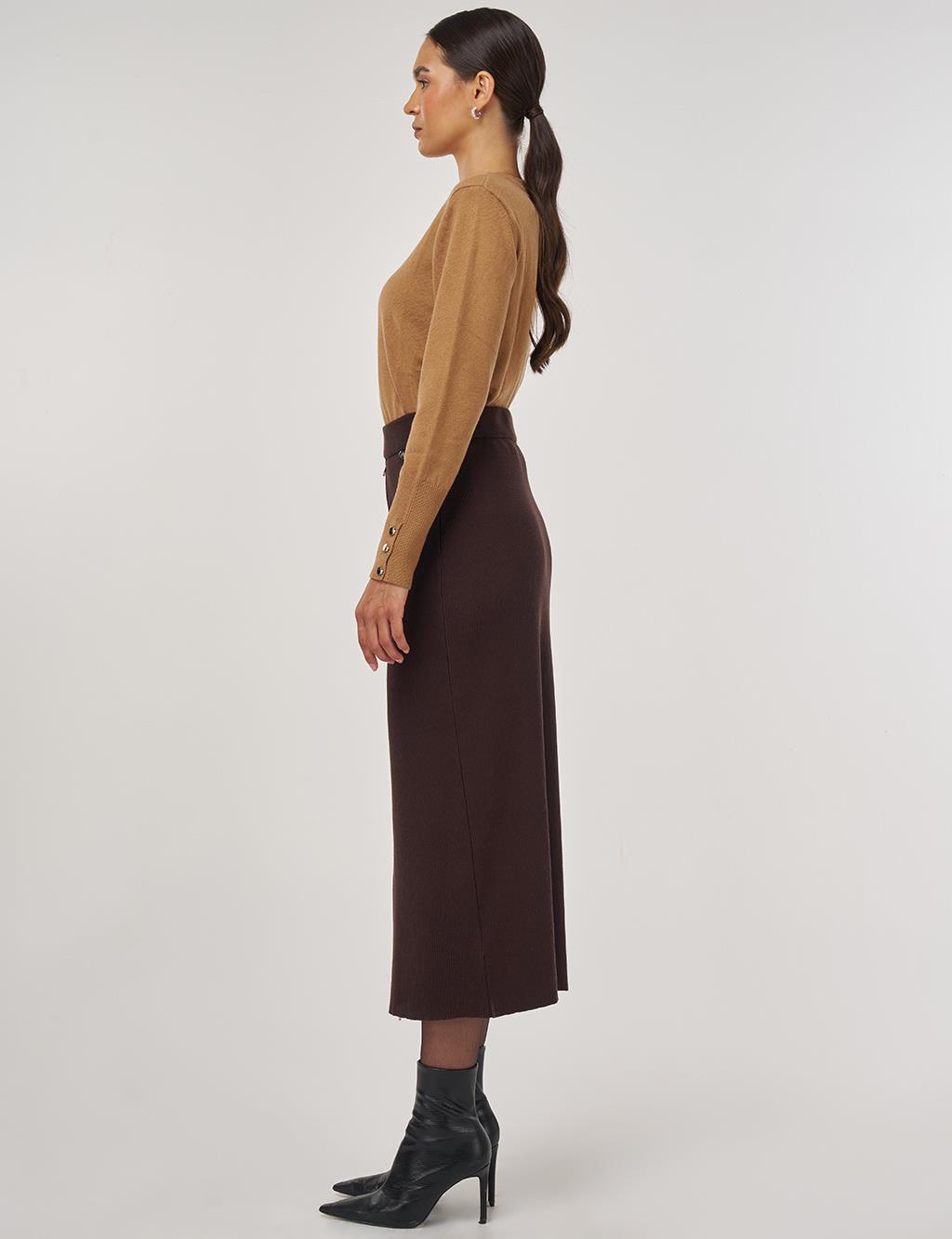 Zipper Detailed Viscose Knit Skirt Dark Brown