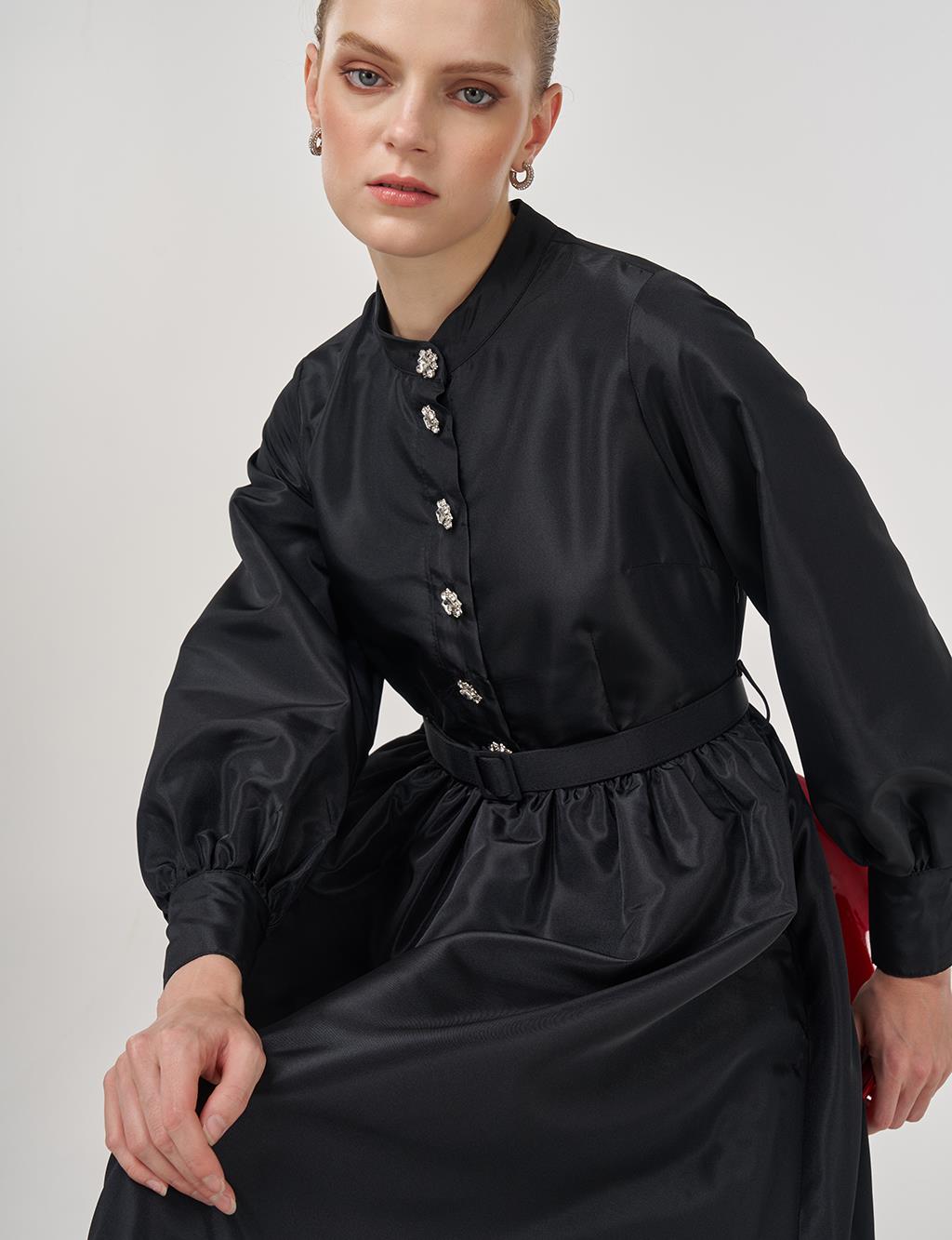 Belted Taffeta Dress Black