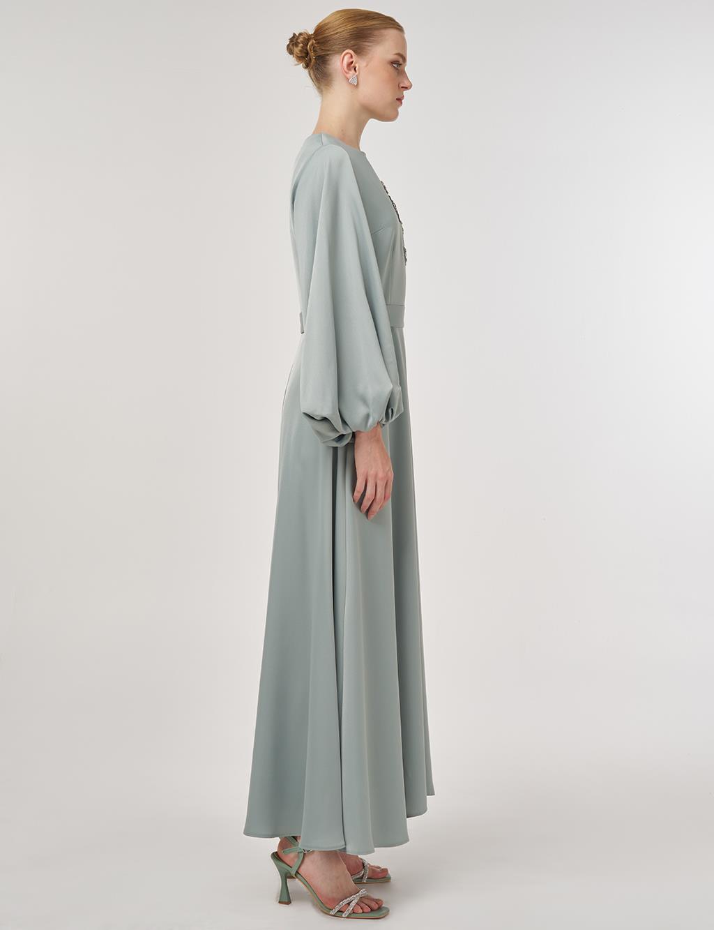Sequin Embroidered Satin Dress Ice Green