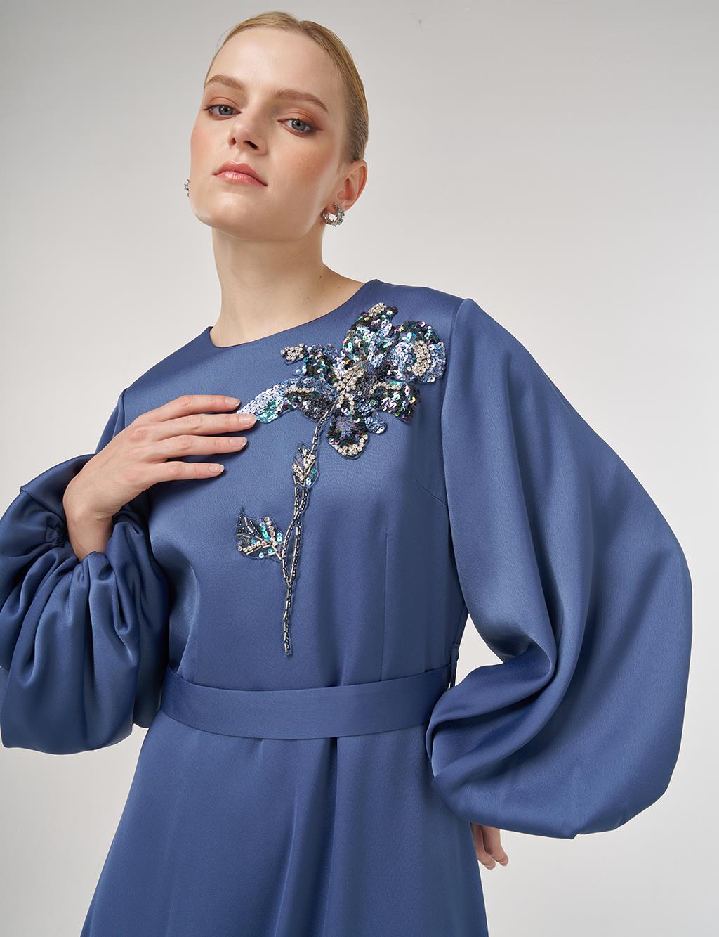 Sequin Embroidered Satin Dress Indigo