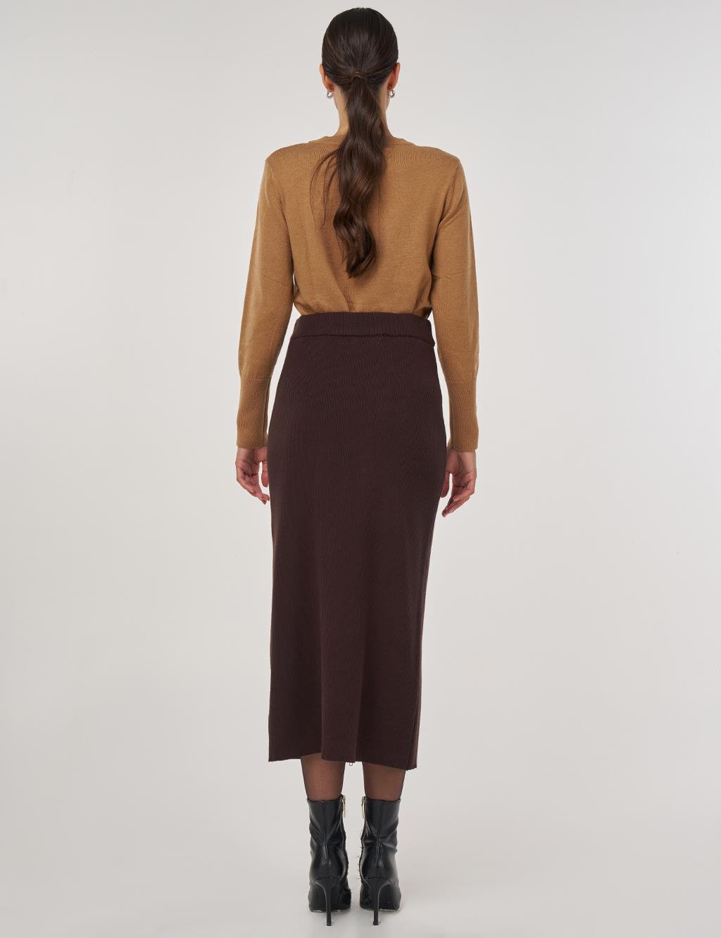 Zipper Detailed Viscose Knit Skirt Dark Brown