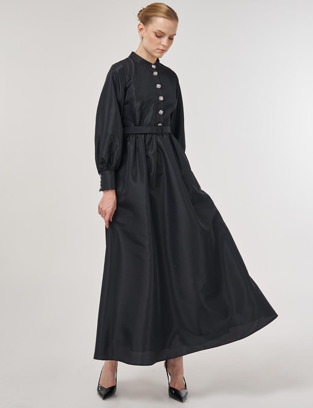 Belted Taffeta Dress Black