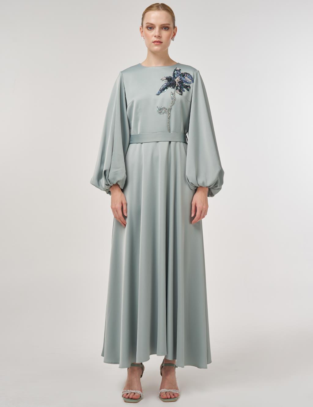 Sequin Embroidered Satin Dress Ice Green