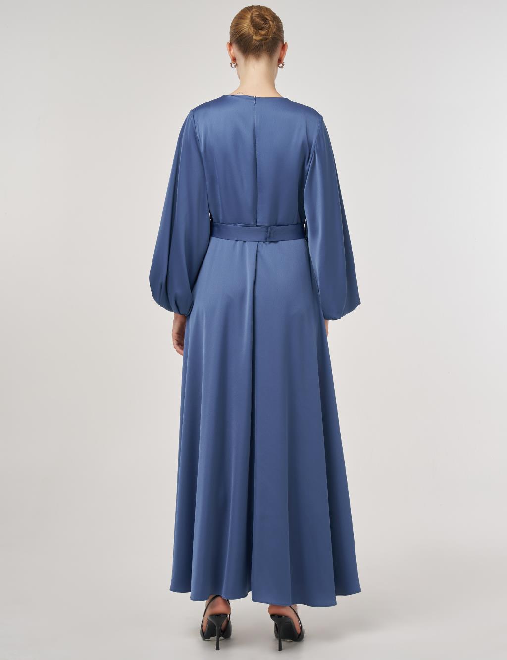 Sequin Embroidered Satin Dress Indigo