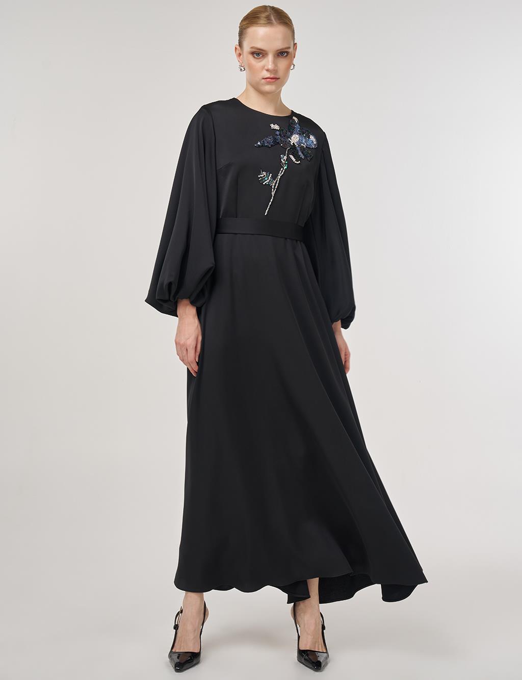 Sequin Embroidered Satin Dress Black 