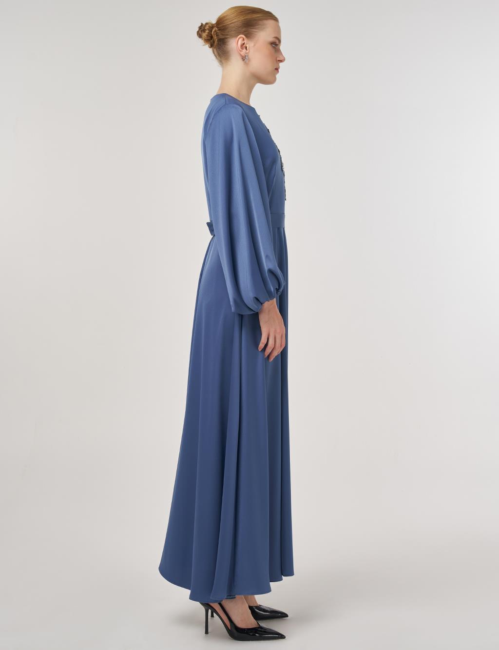 Sequin Embroidered Satin Dress Indigo