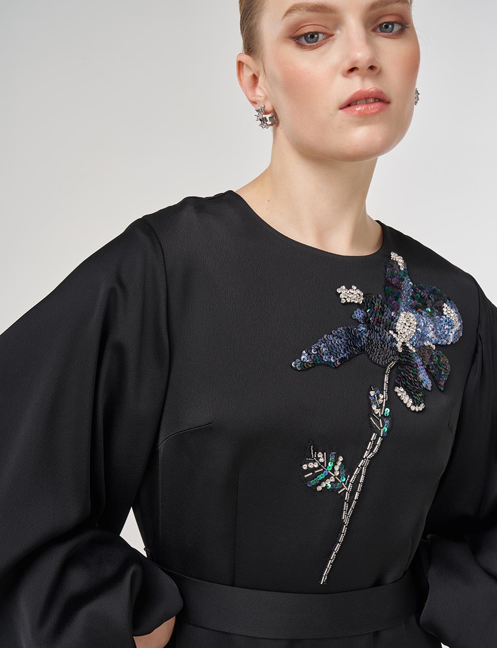 Sequin Embroidered Satin Dress Black 