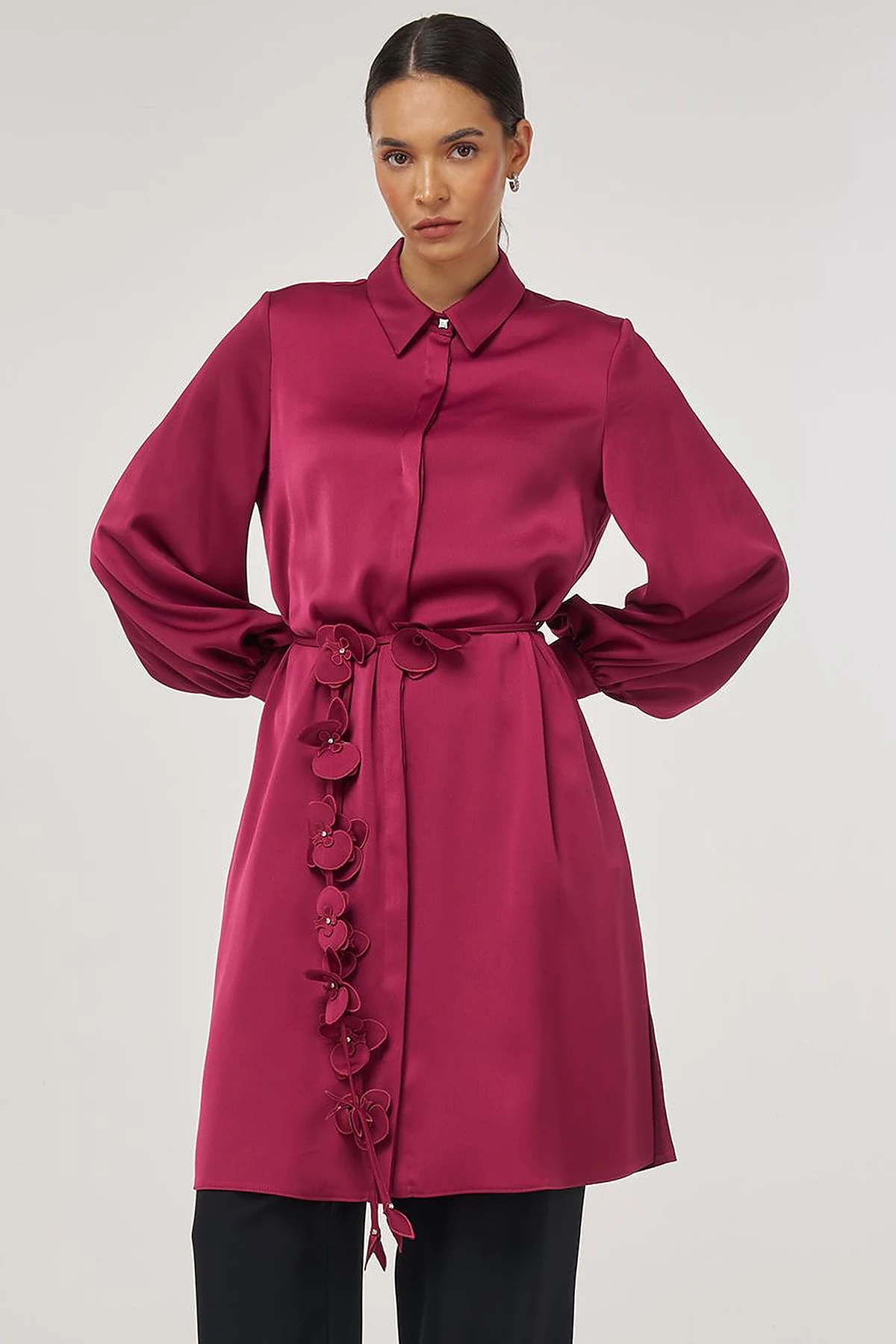 Floral-Embellished Elegant Tunic Cherry