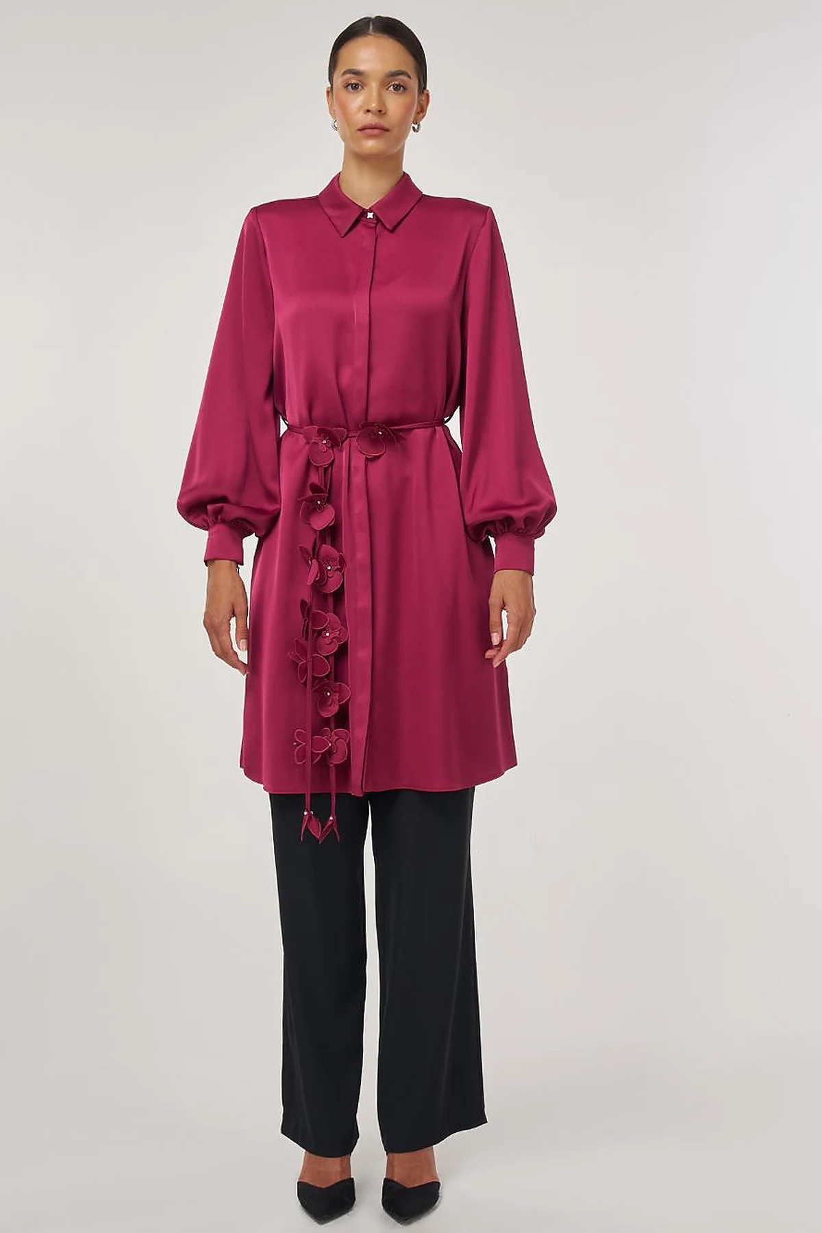 Floral-Embellished Elegant Tunic Cherry