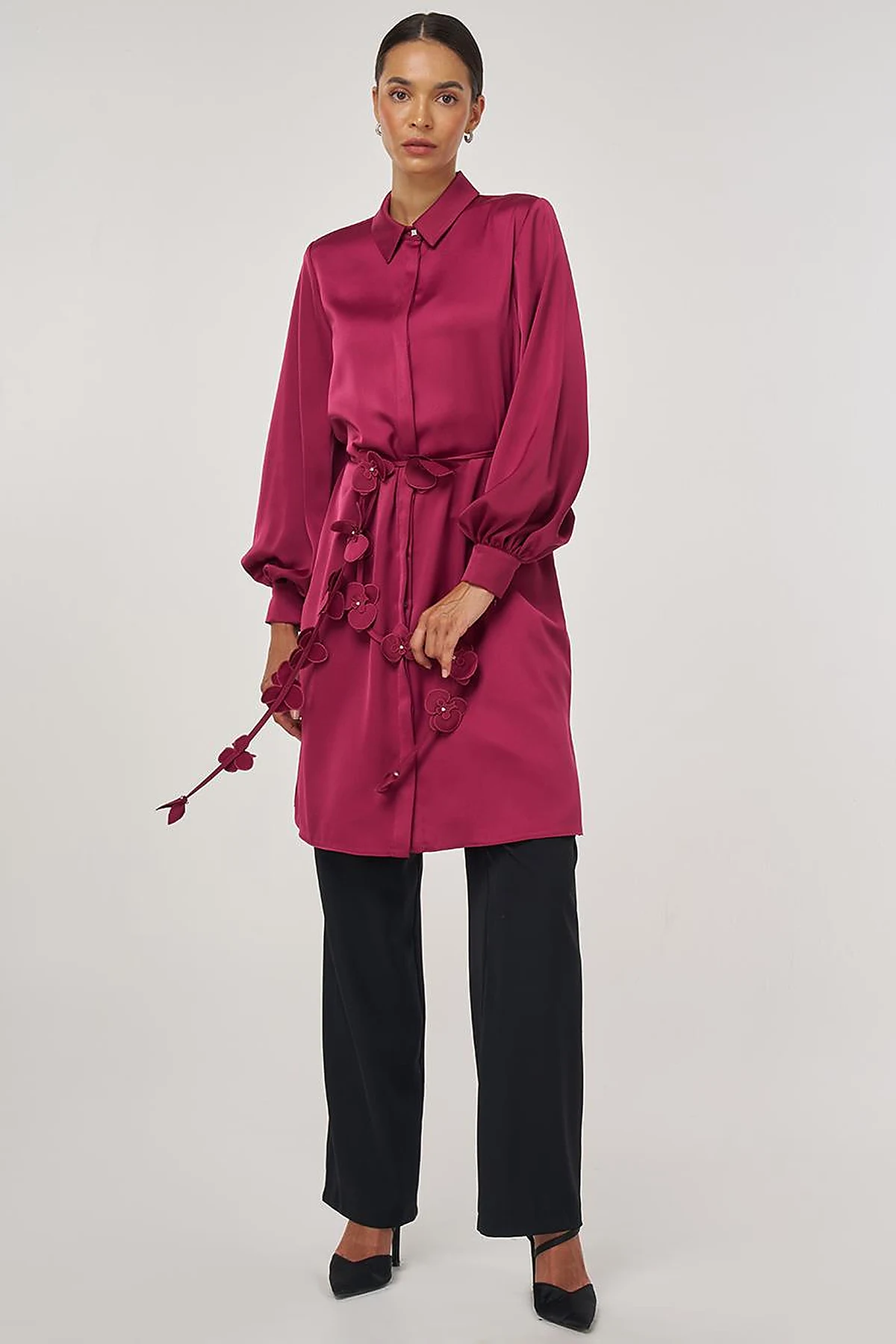 Floral-Embellished Elegant Tunic Cherry