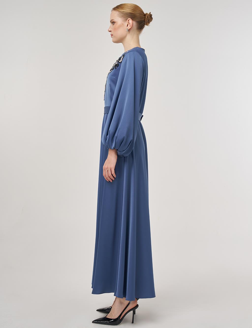 Sequin Embroidered Satin Dress Indigo