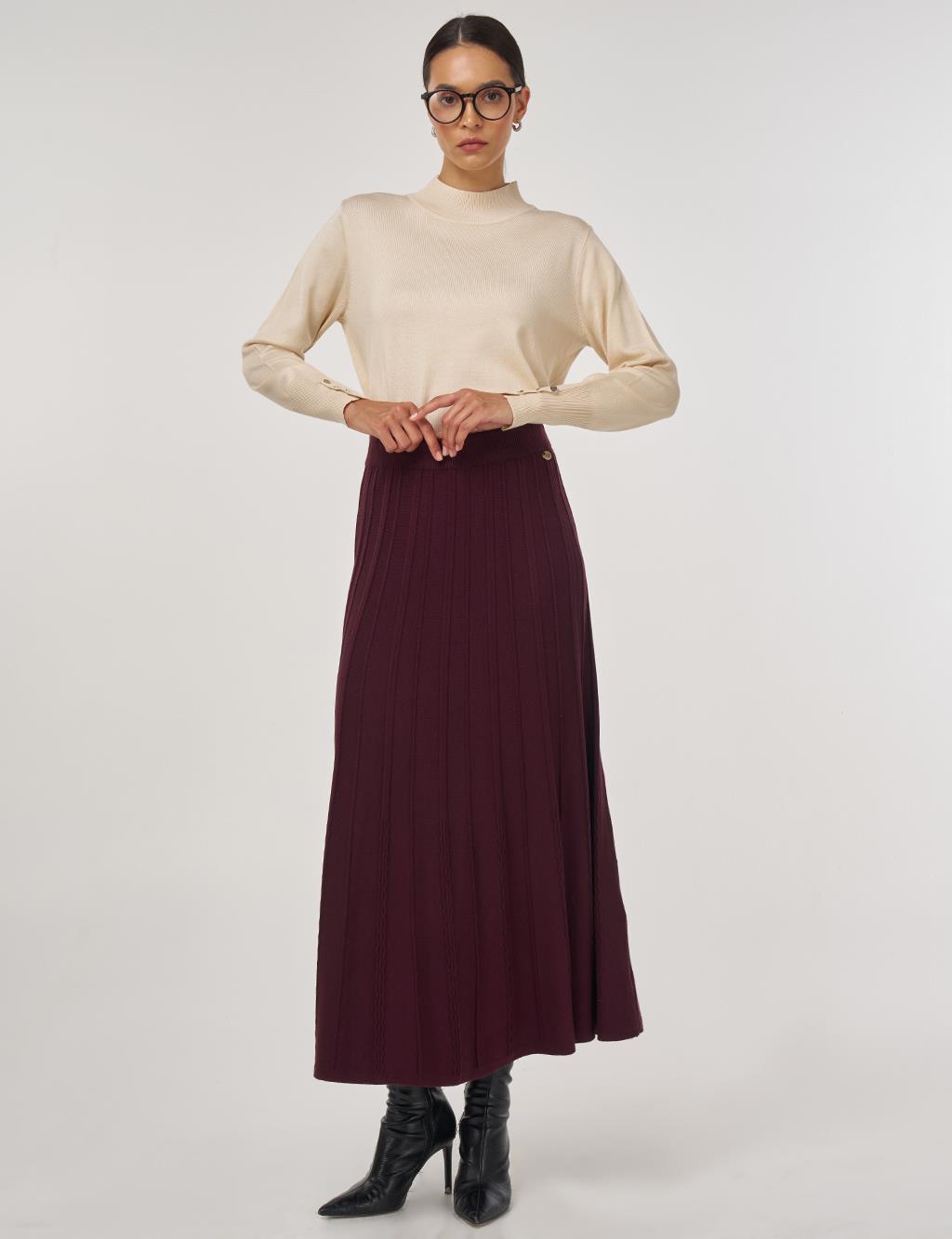 Yüksek Bel Viskon Triko Etek Bordo