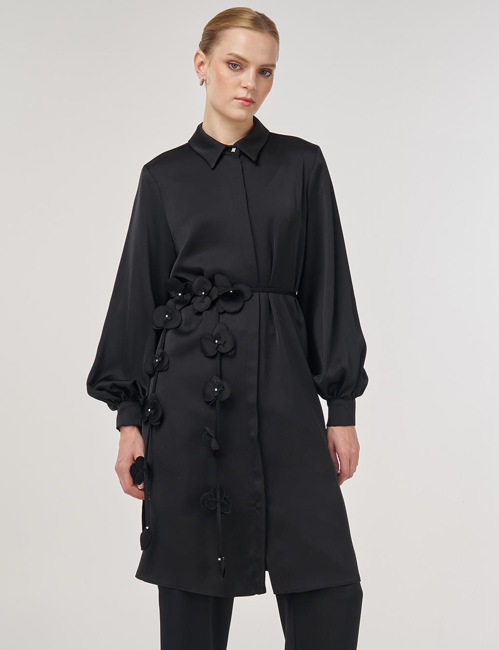 Floral-Embellished Elegant Tunic Black