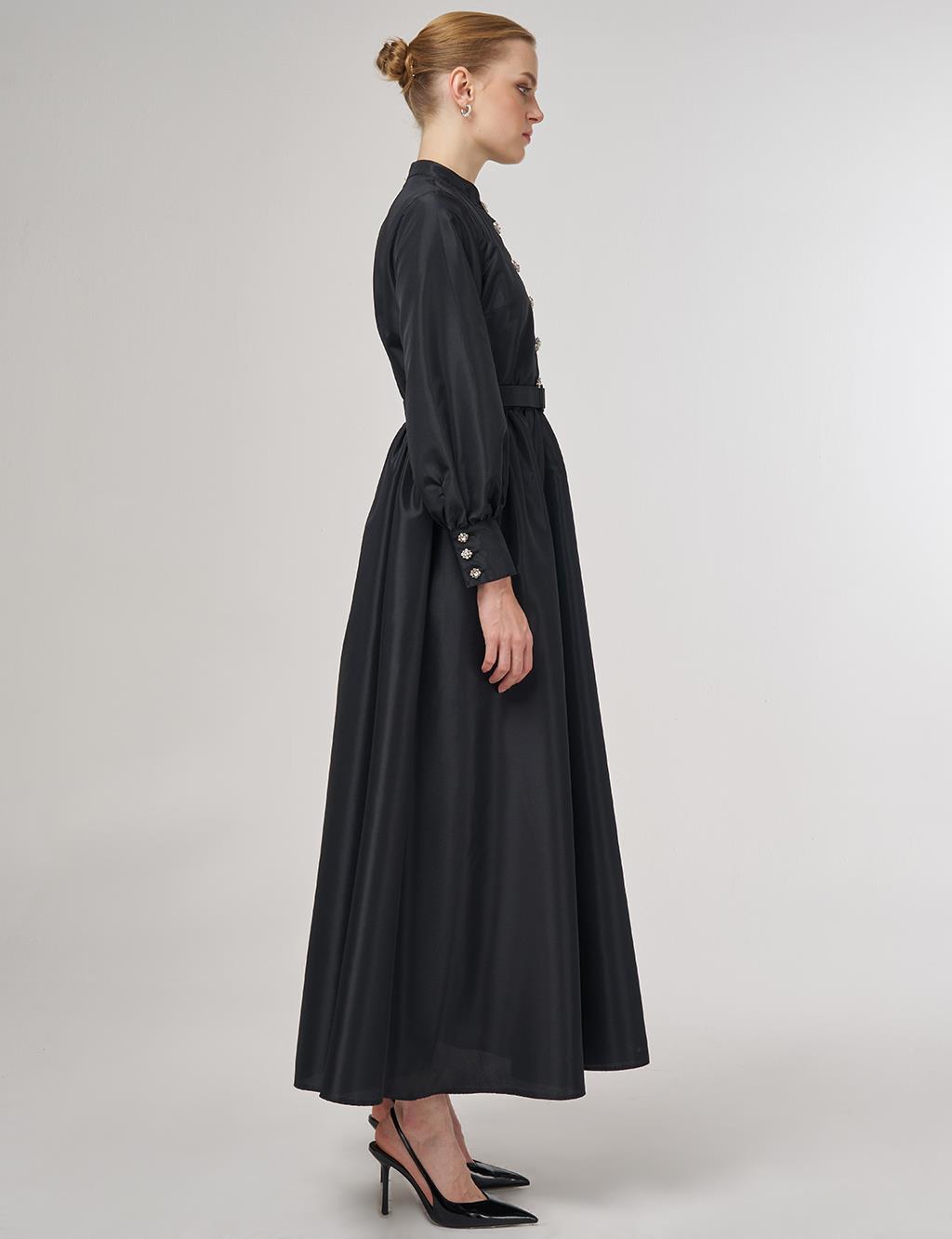 Belted Taffeta Dress Black