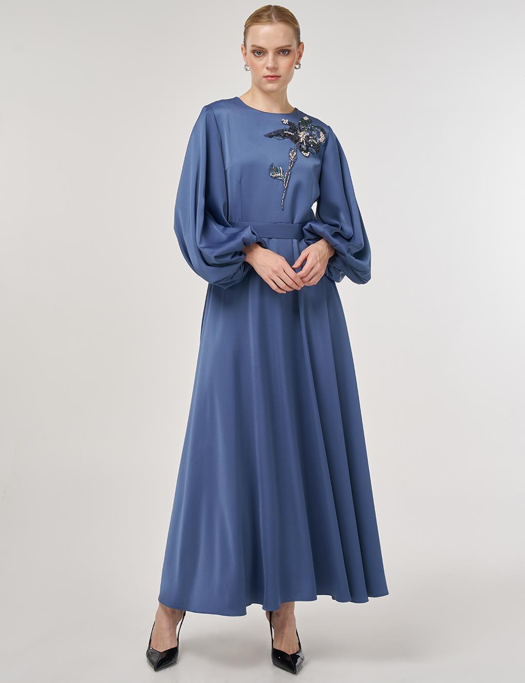 Sequin Embroidered Satin Dress Indigo