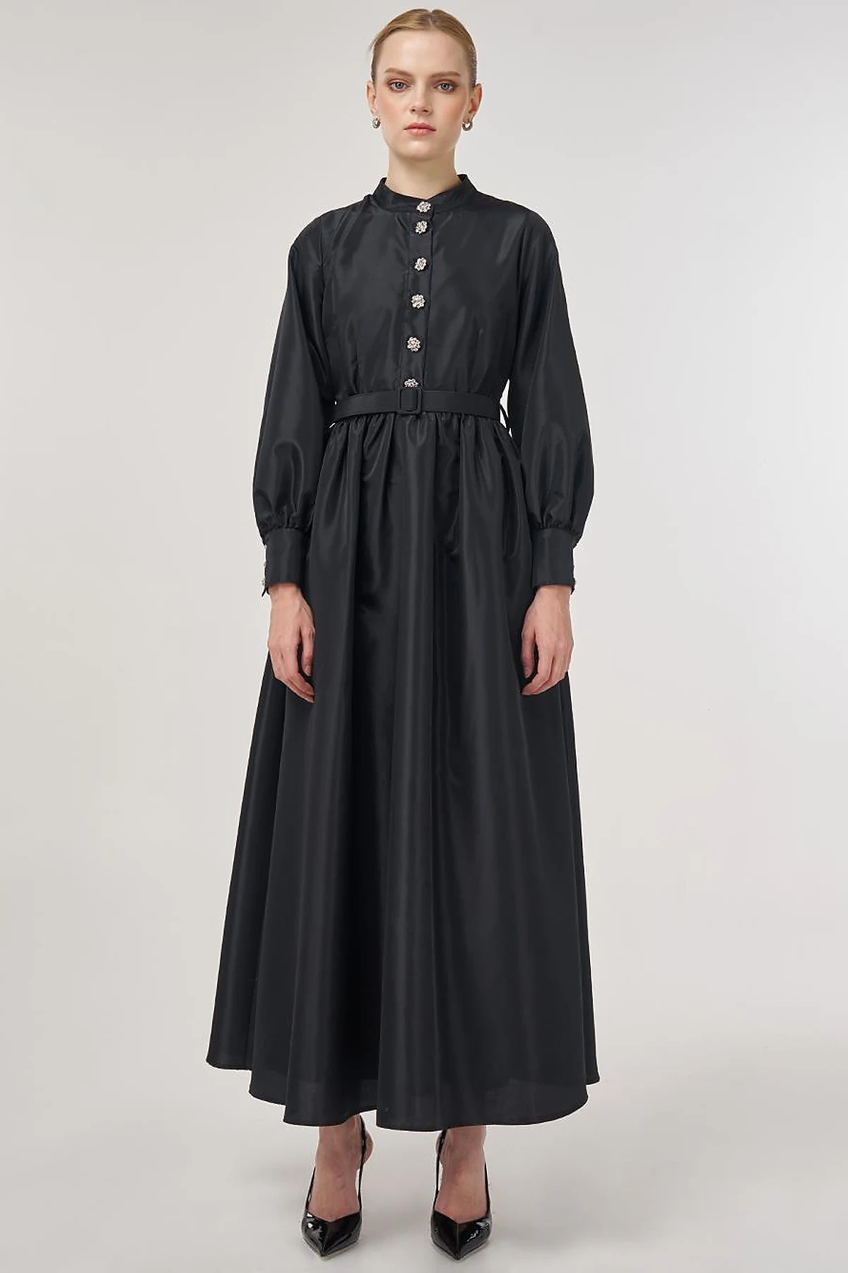 Belted Taffeta Dress Black