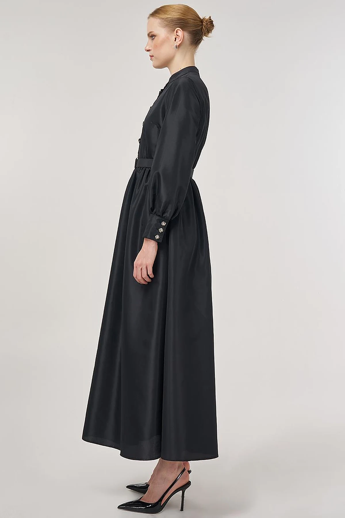 Belted Taffeta Dress Black
