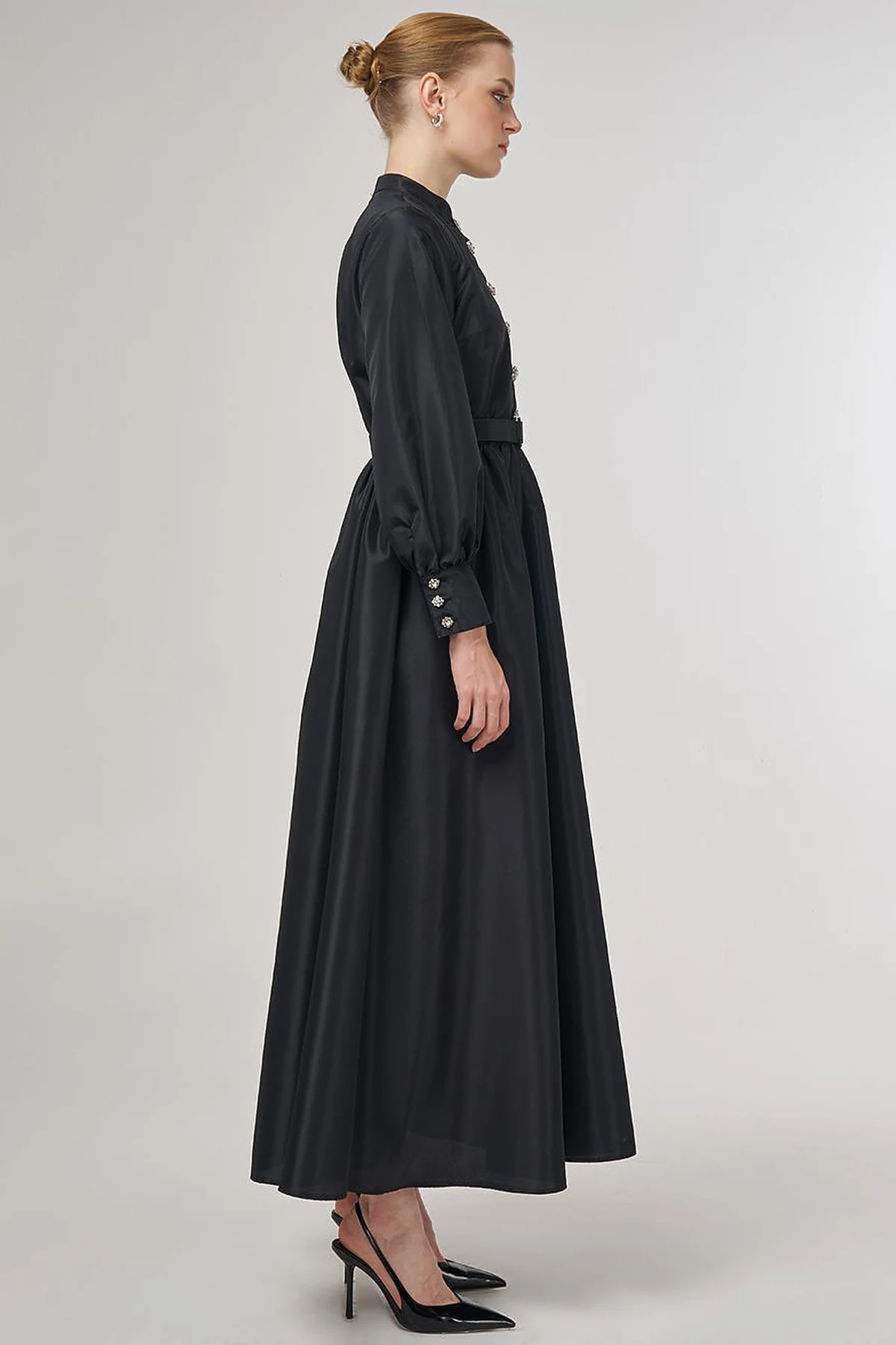 Belted Taffeta Dress Black