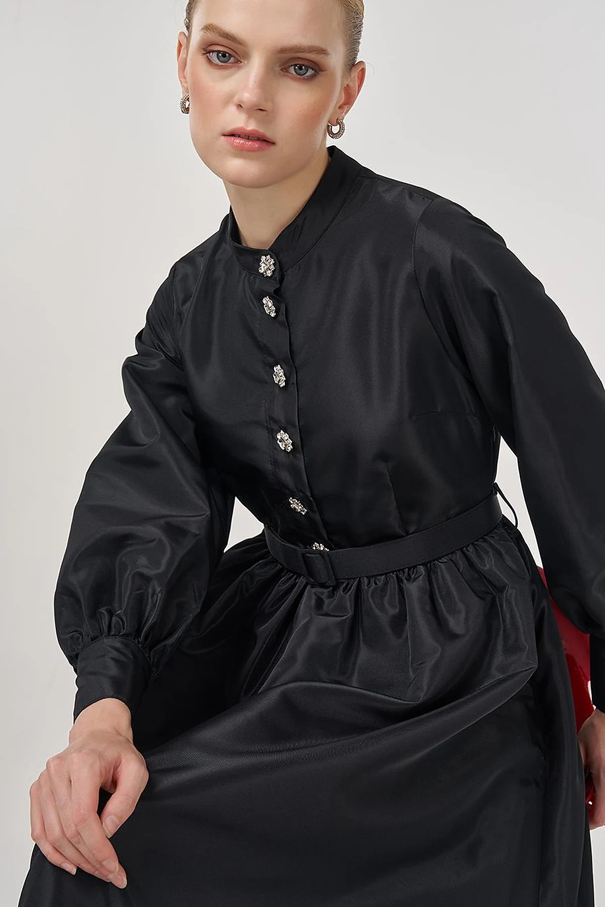 Belted Taffeta Dress Black