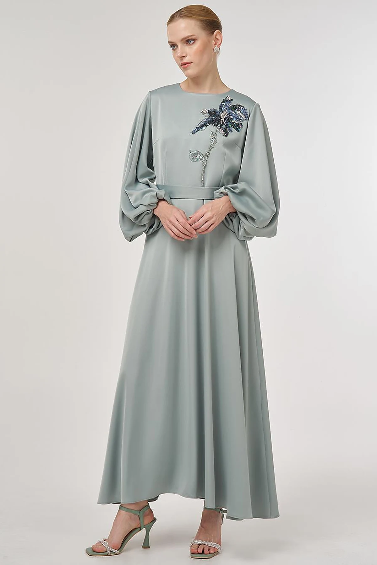 Sequin Embroidered Satin Dress Ice Green