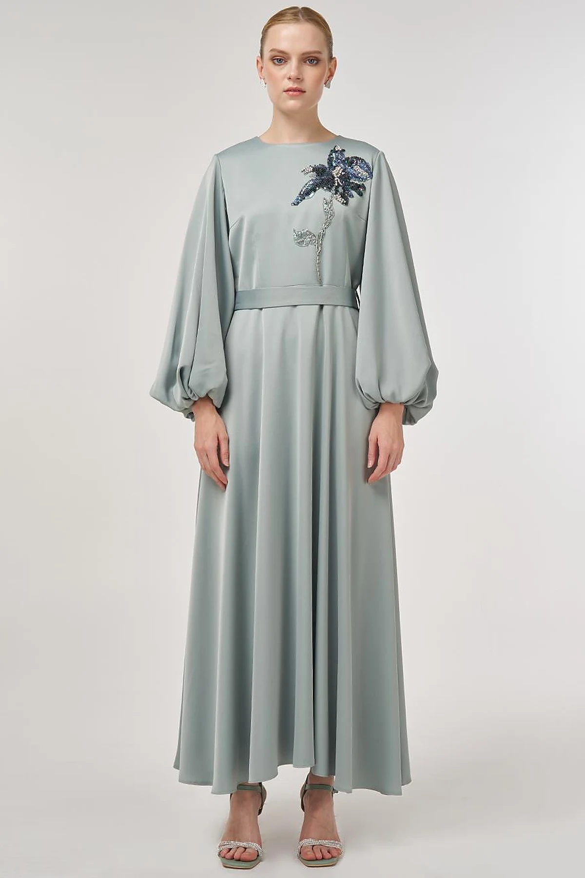 Sequin Embroidered Satin Dress Ice Green