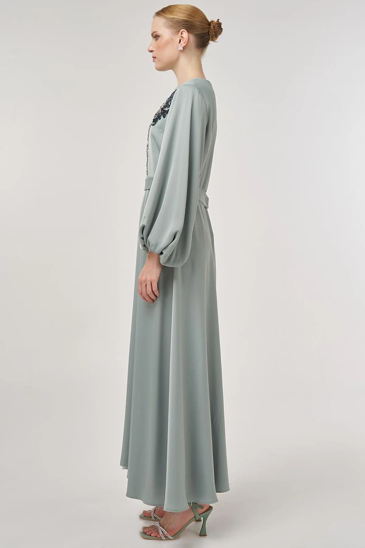 Sequin Embroidered Satin Dress Ice Green