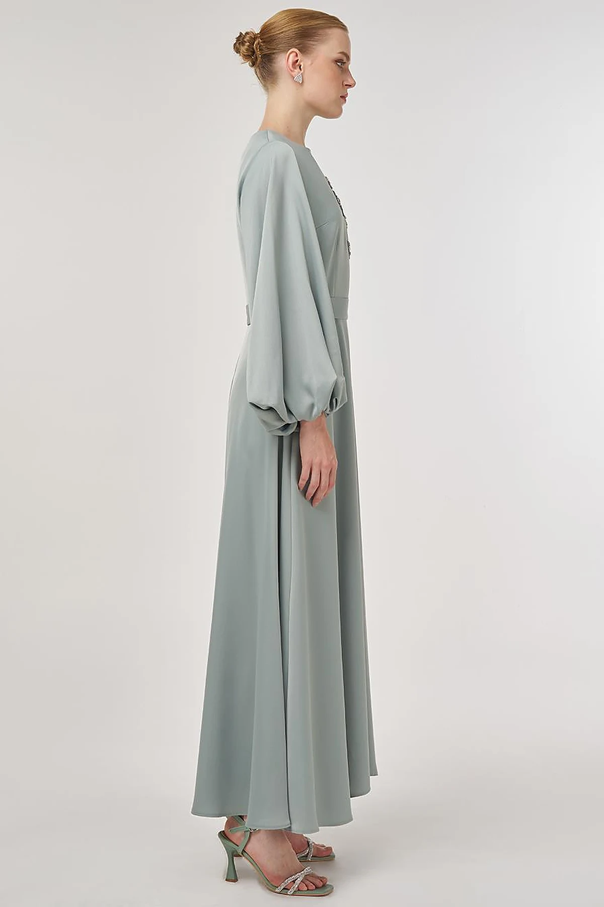 Sequin Embroidered Satin Dress Ice Green