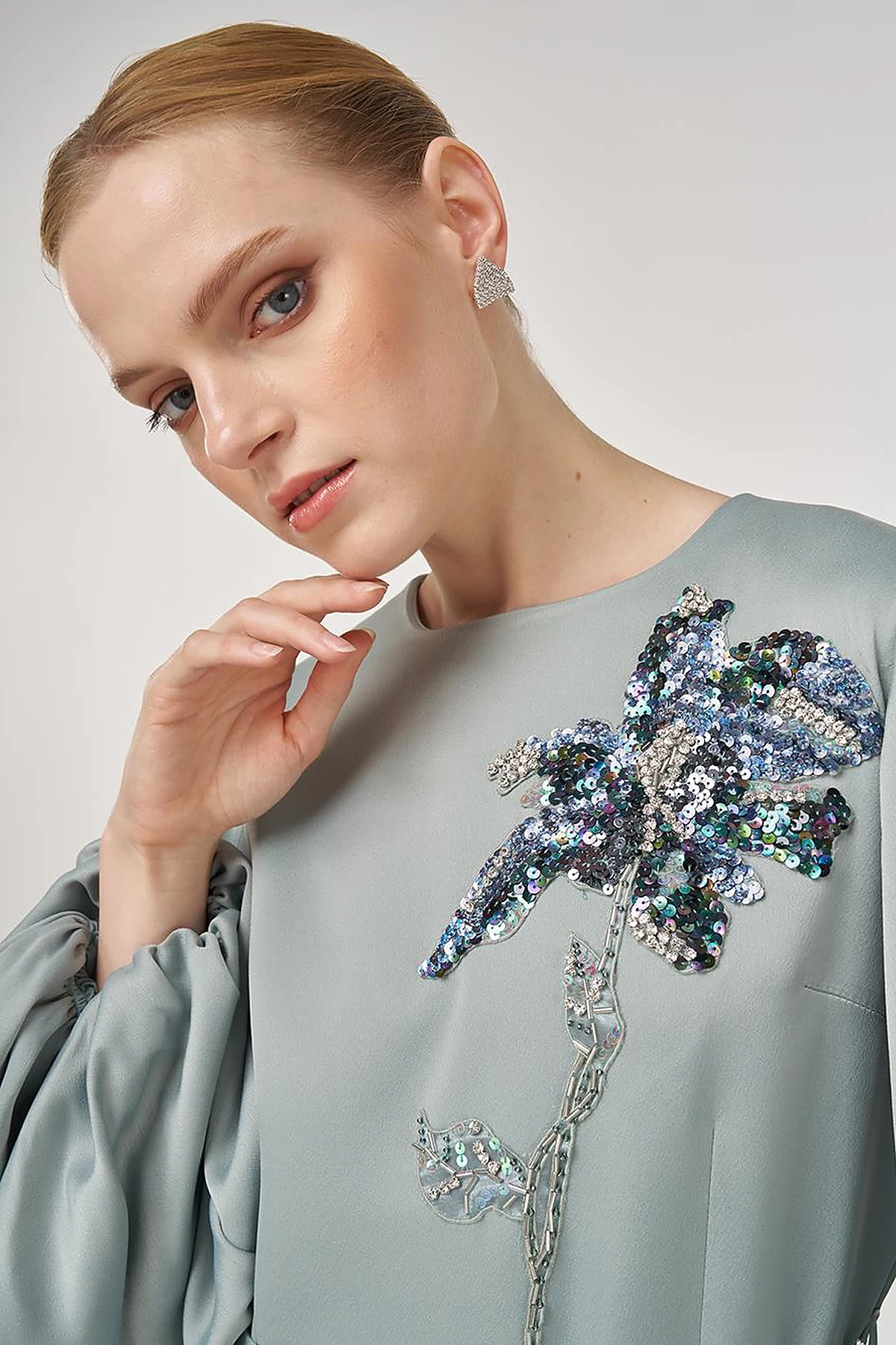 Sequin Embroidered Satin Dress Ice Green