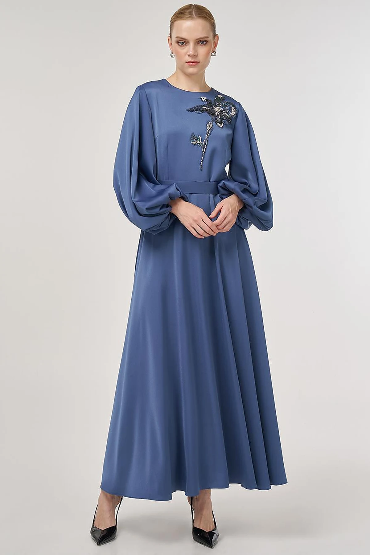 Sequin Embroidered Satin Dress Indigo